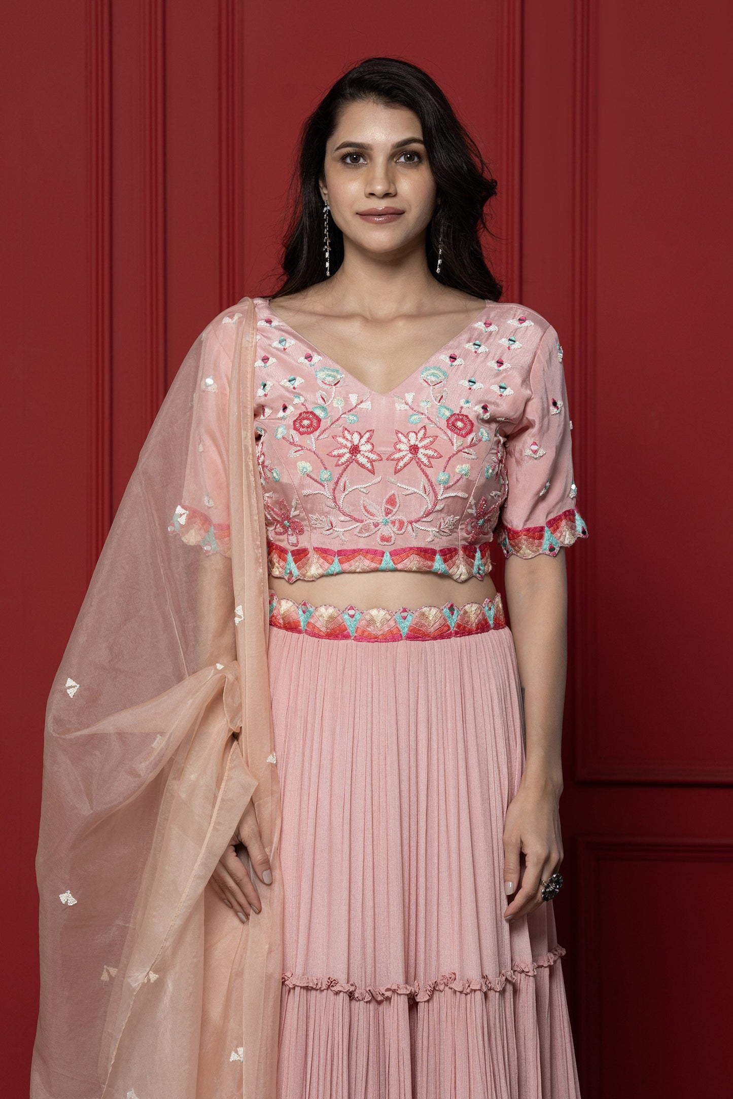 Pink Chinnon Resham Embroidered Lehenga