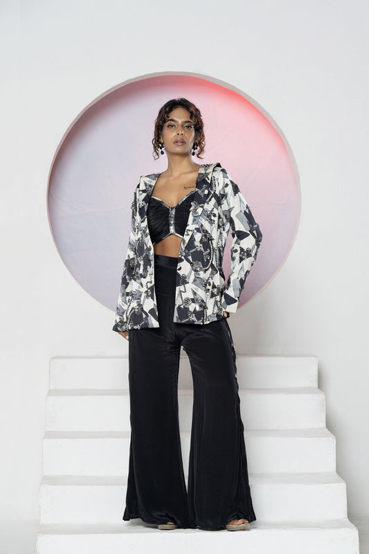 Black Crepe Printed Blazer Set