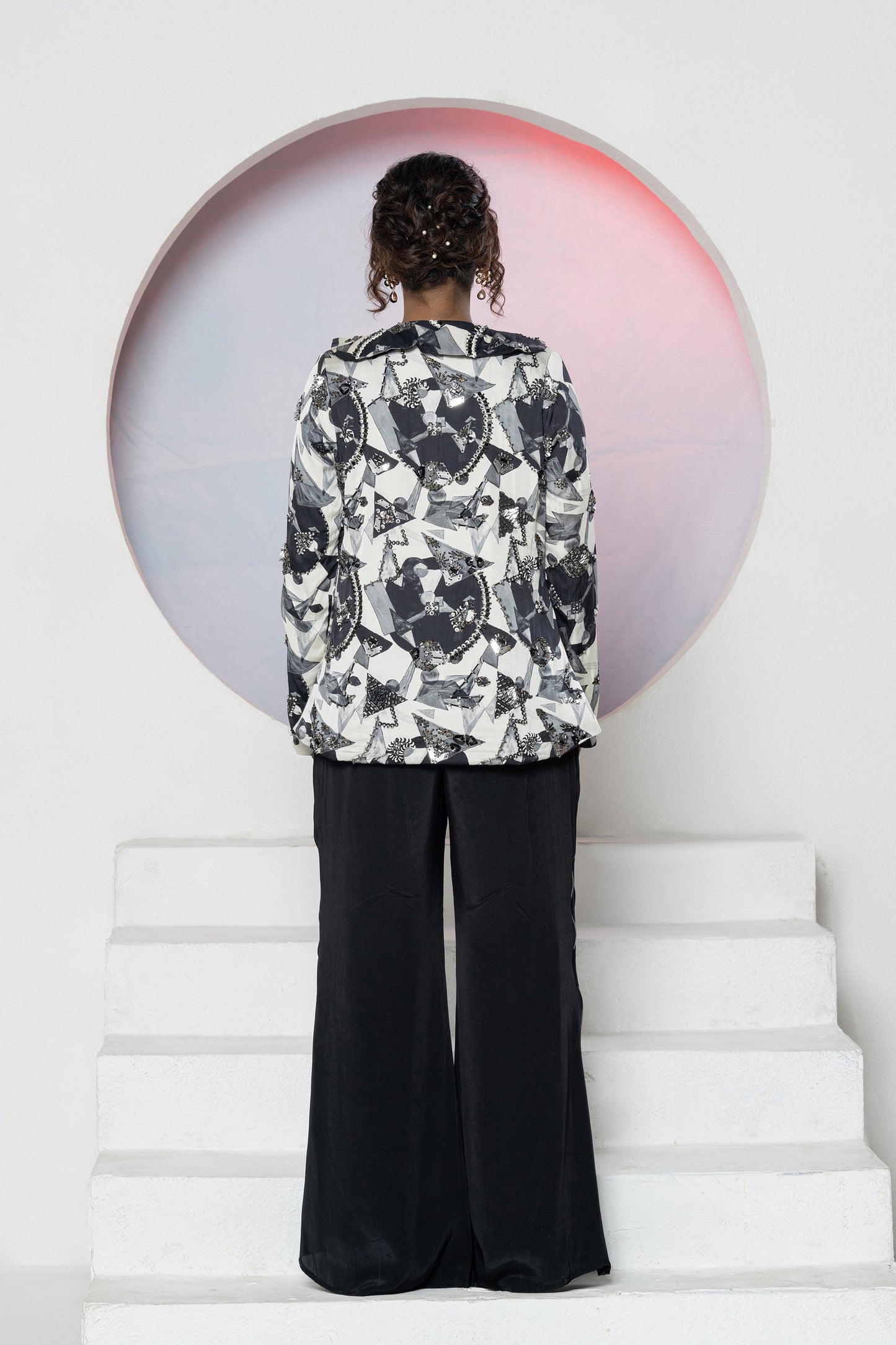 Black Crepe Printed Blazer Set