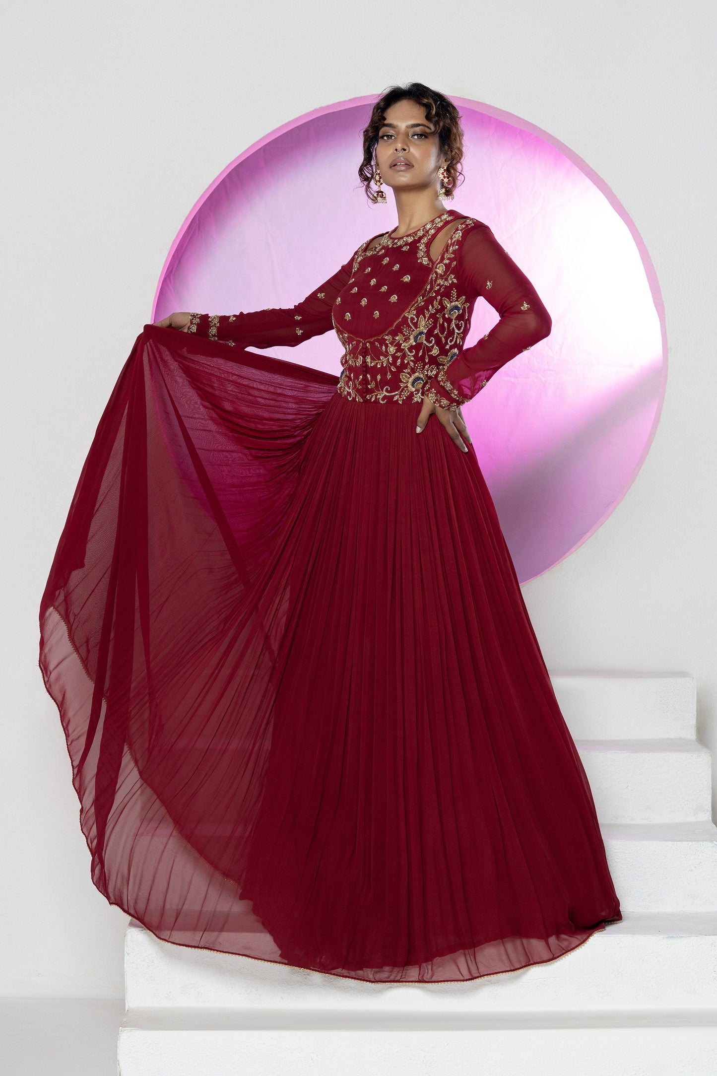 Regal Maroon Georgette Zardosi Gown