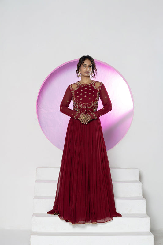 Regal Maroon Georgette Zardosi Gown
