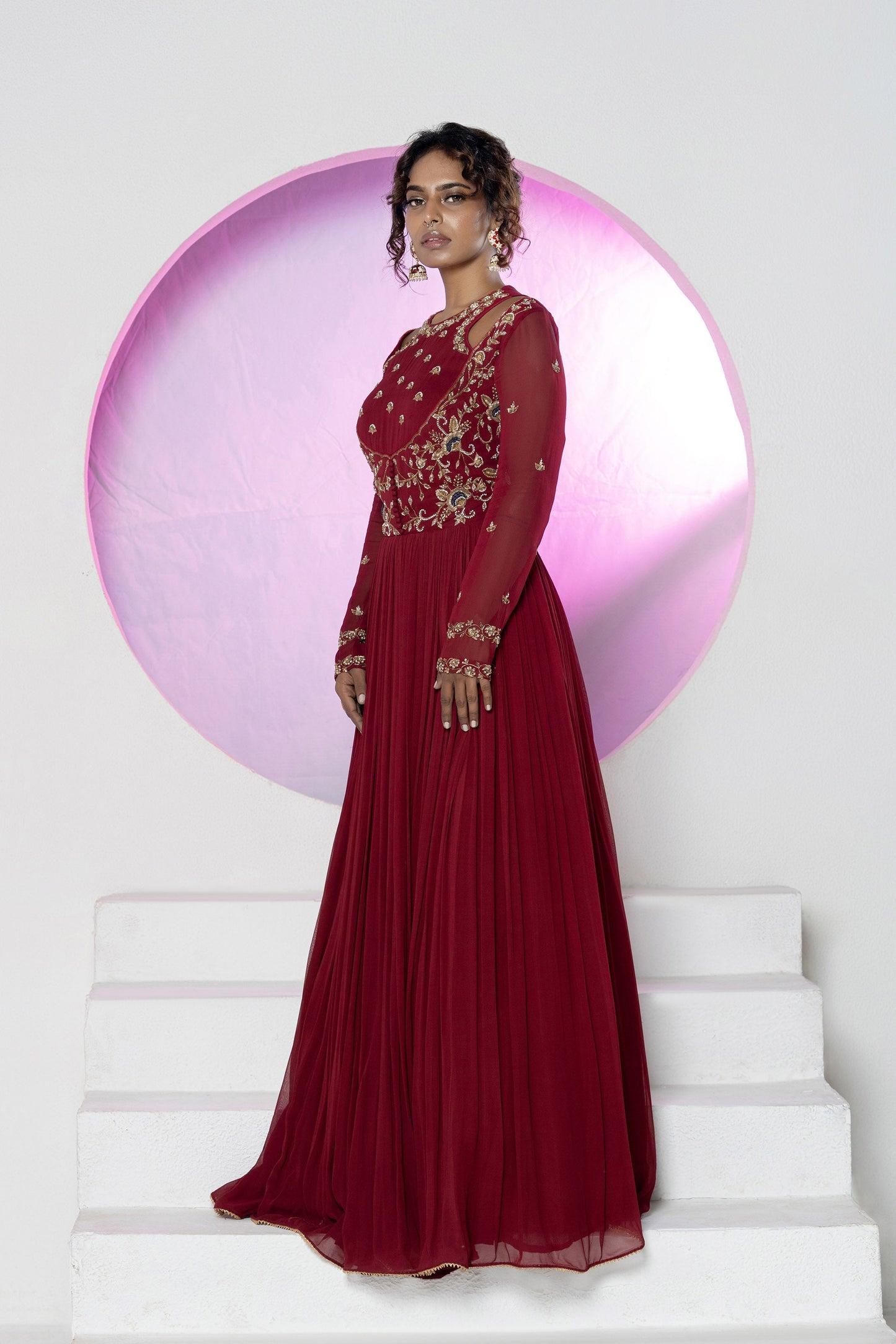 Regal Maroon Georgette Zardosi Gown