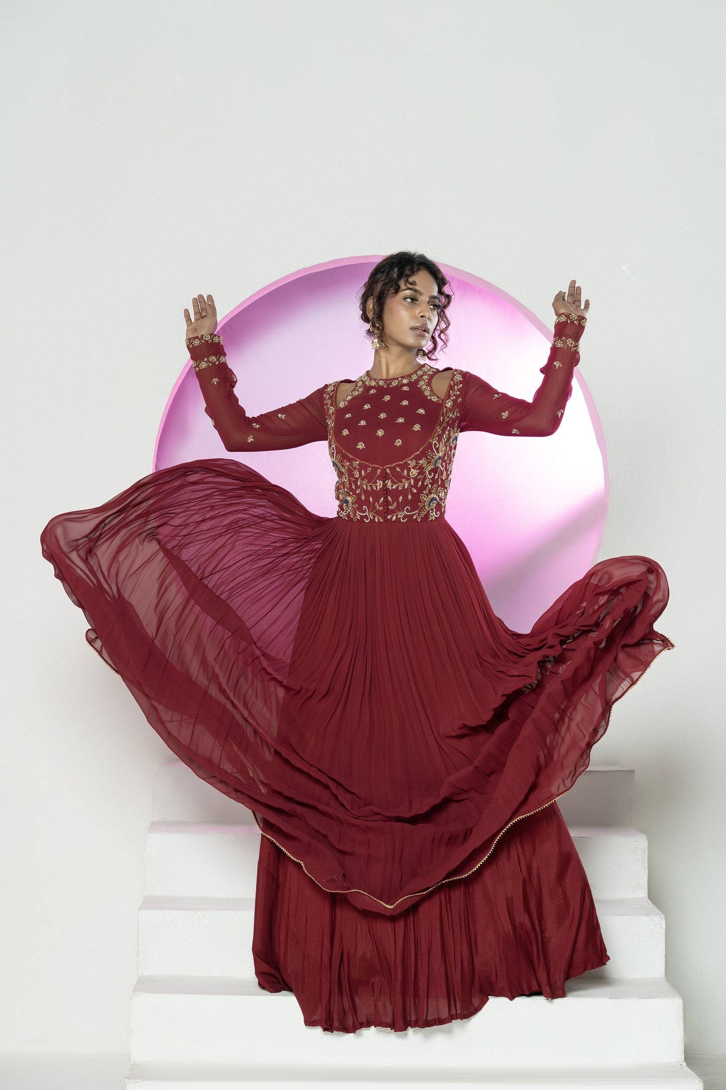 Regal Maroon Georgette Zardosi Gown