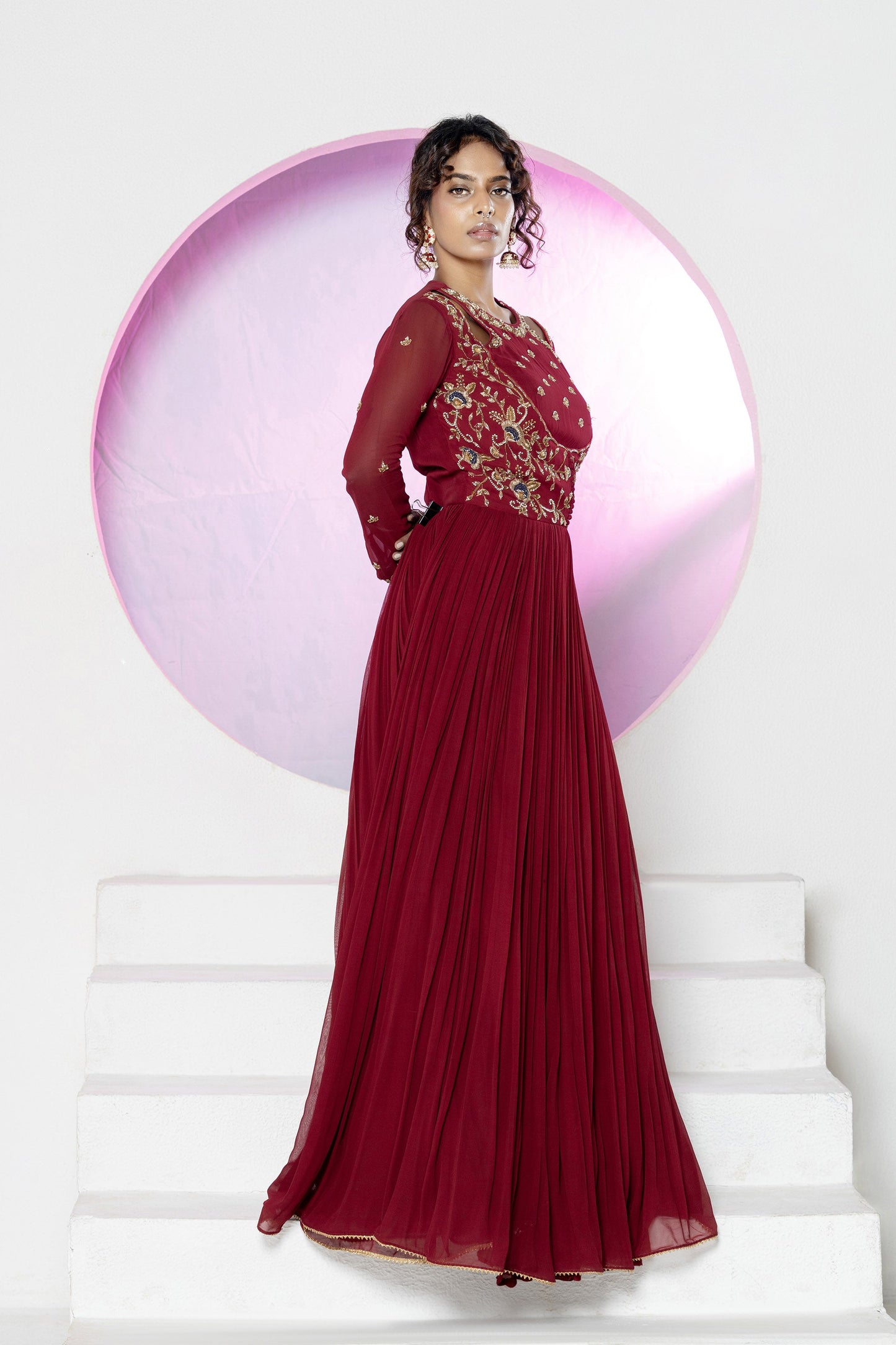 Regal Maroon Georgette Zardosi Gown