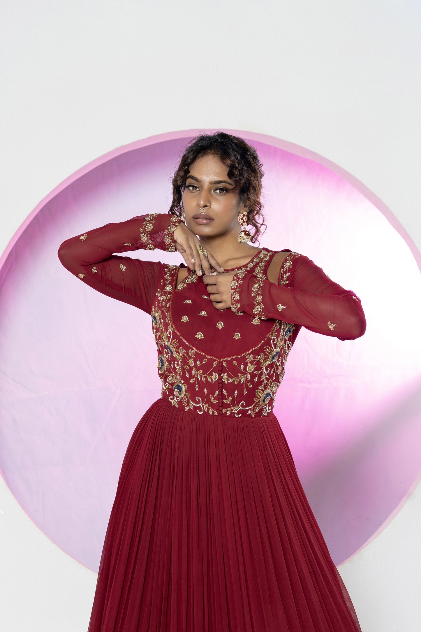 Regal Maroon Georgette Zardosi Gown