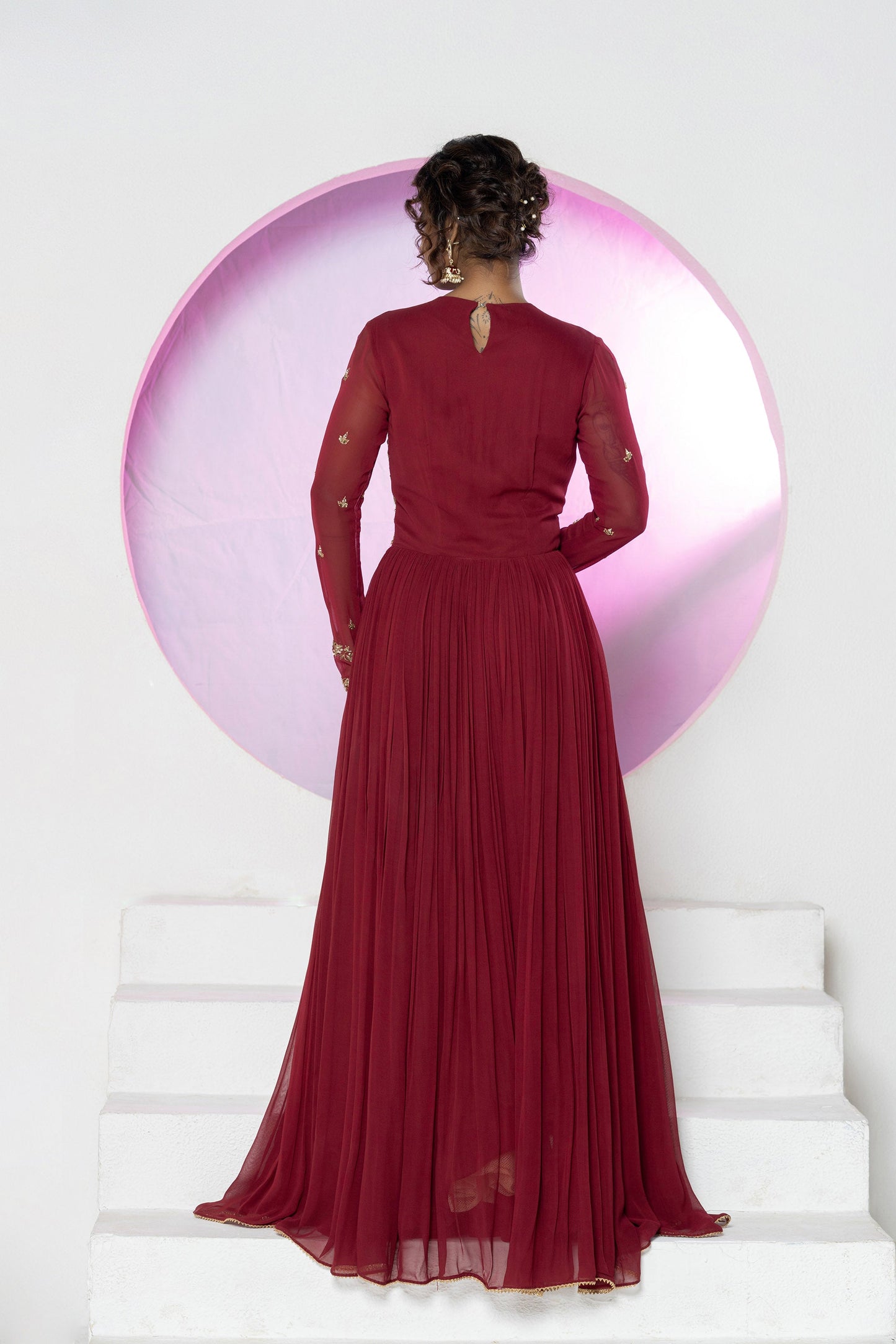 Regal Maroon Georgette Zardosi Gown