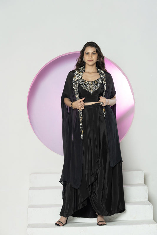 Black Crepe Crystal work Skirt Cape Set