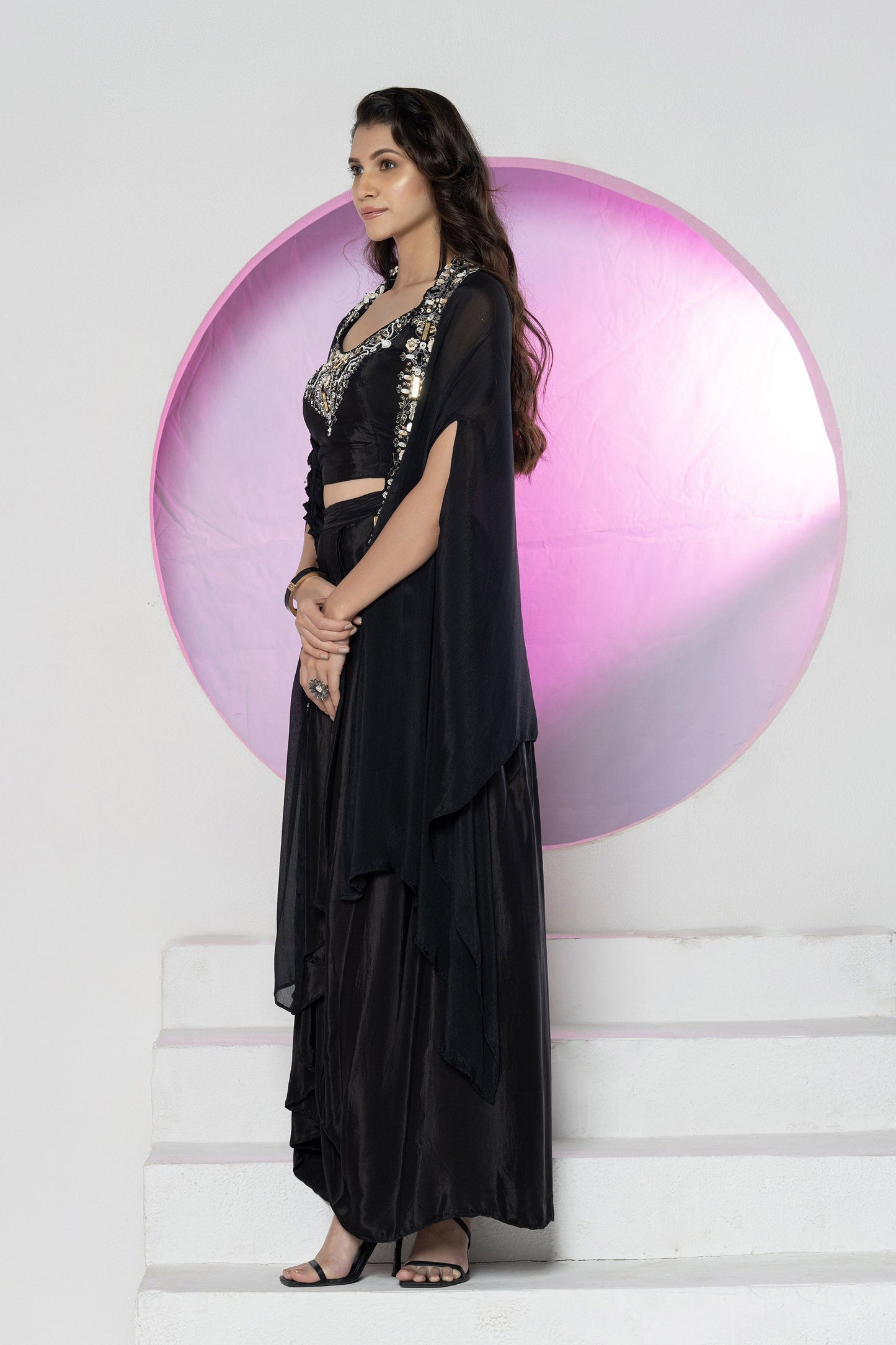 Black Crepe Crystal work Skirt Cape Set