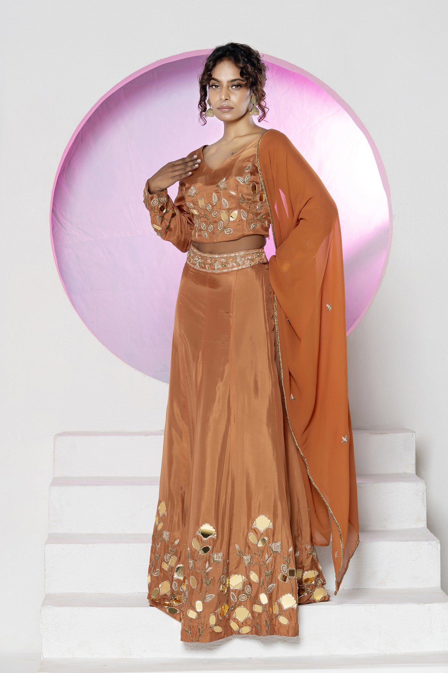 Rust Mirror Upada Silk Lehenga