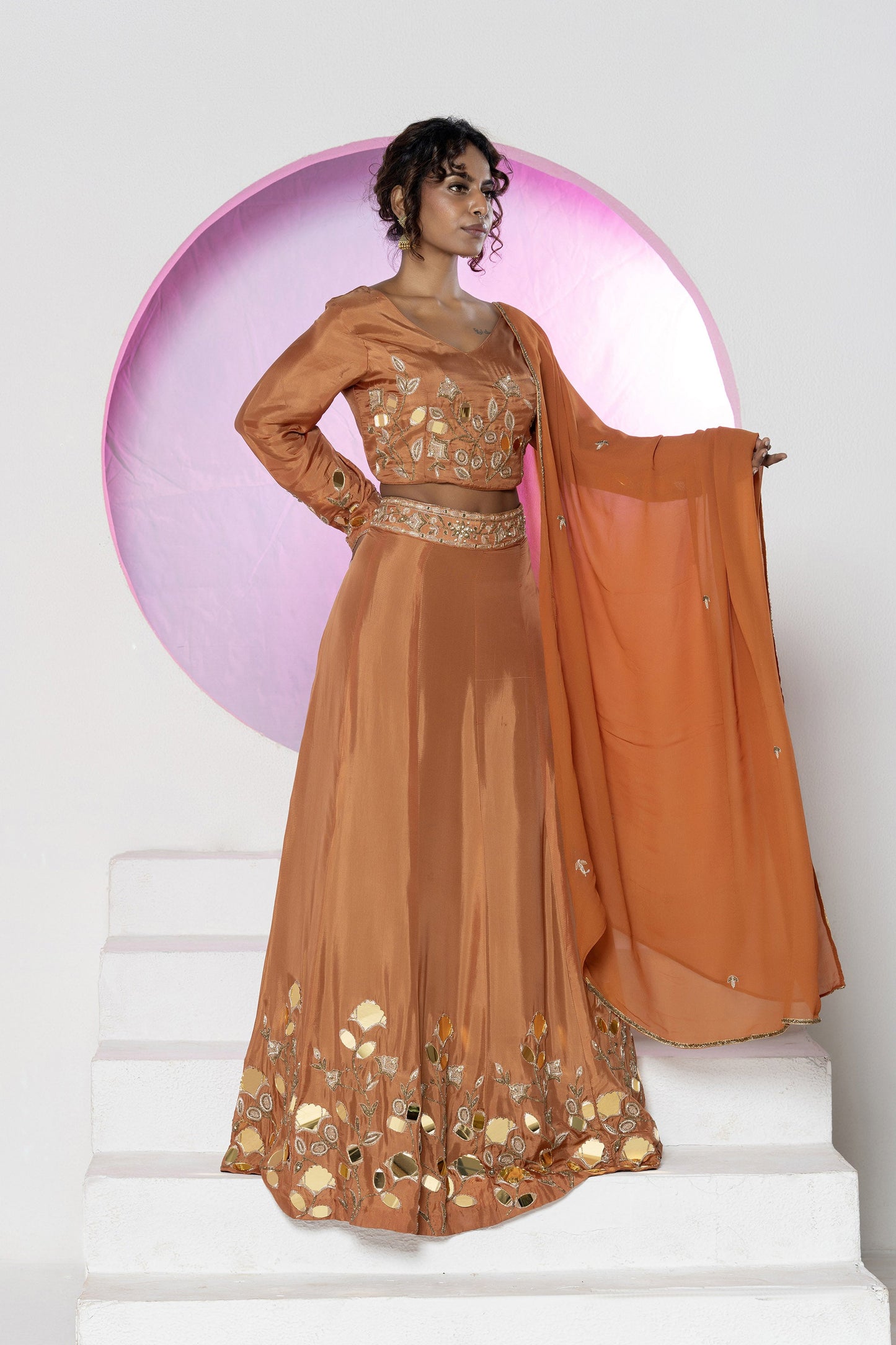 Rust Mirror Upada Silk Lehenga