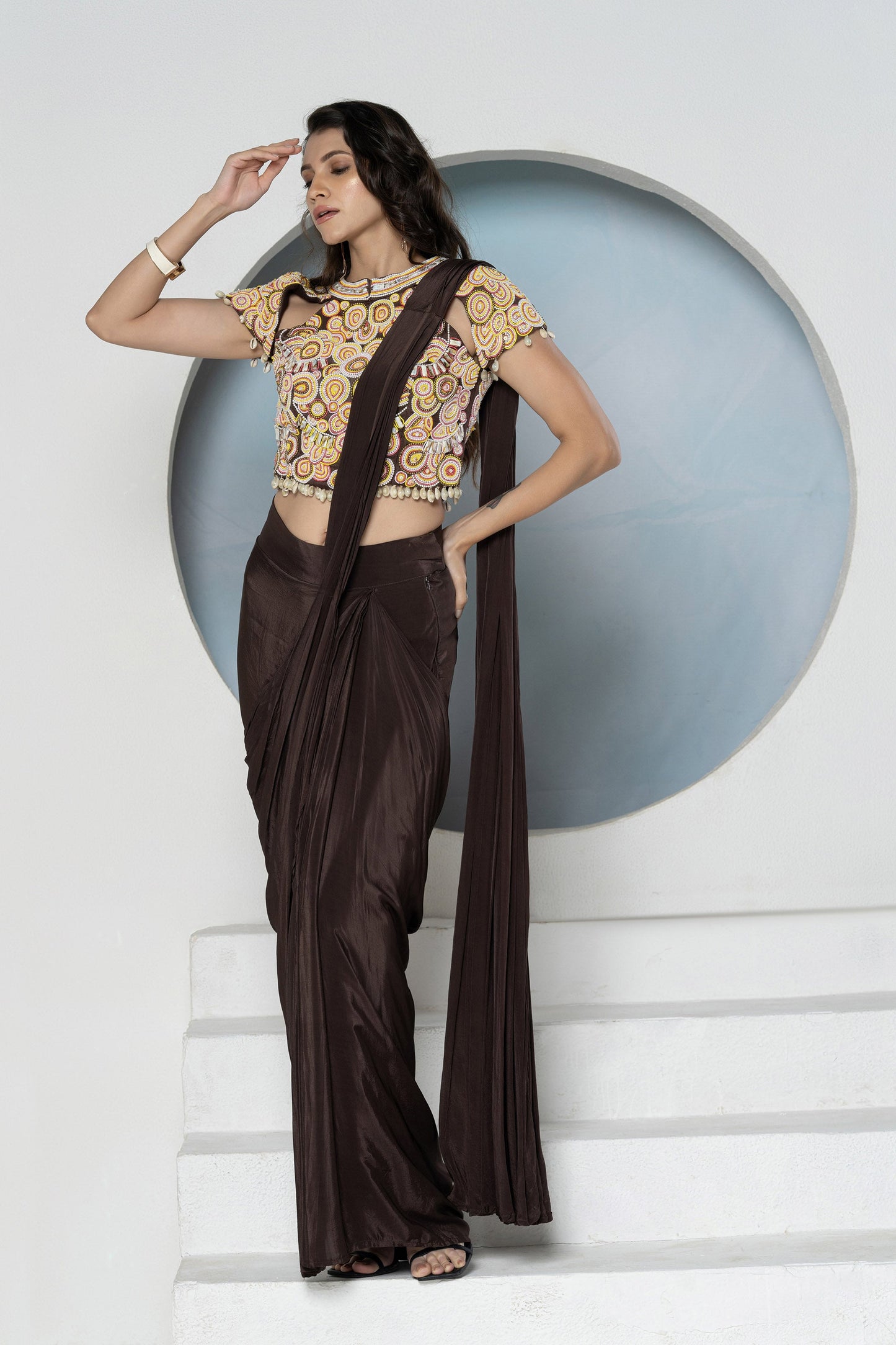 Brown Crepe Peral Shell Saree
