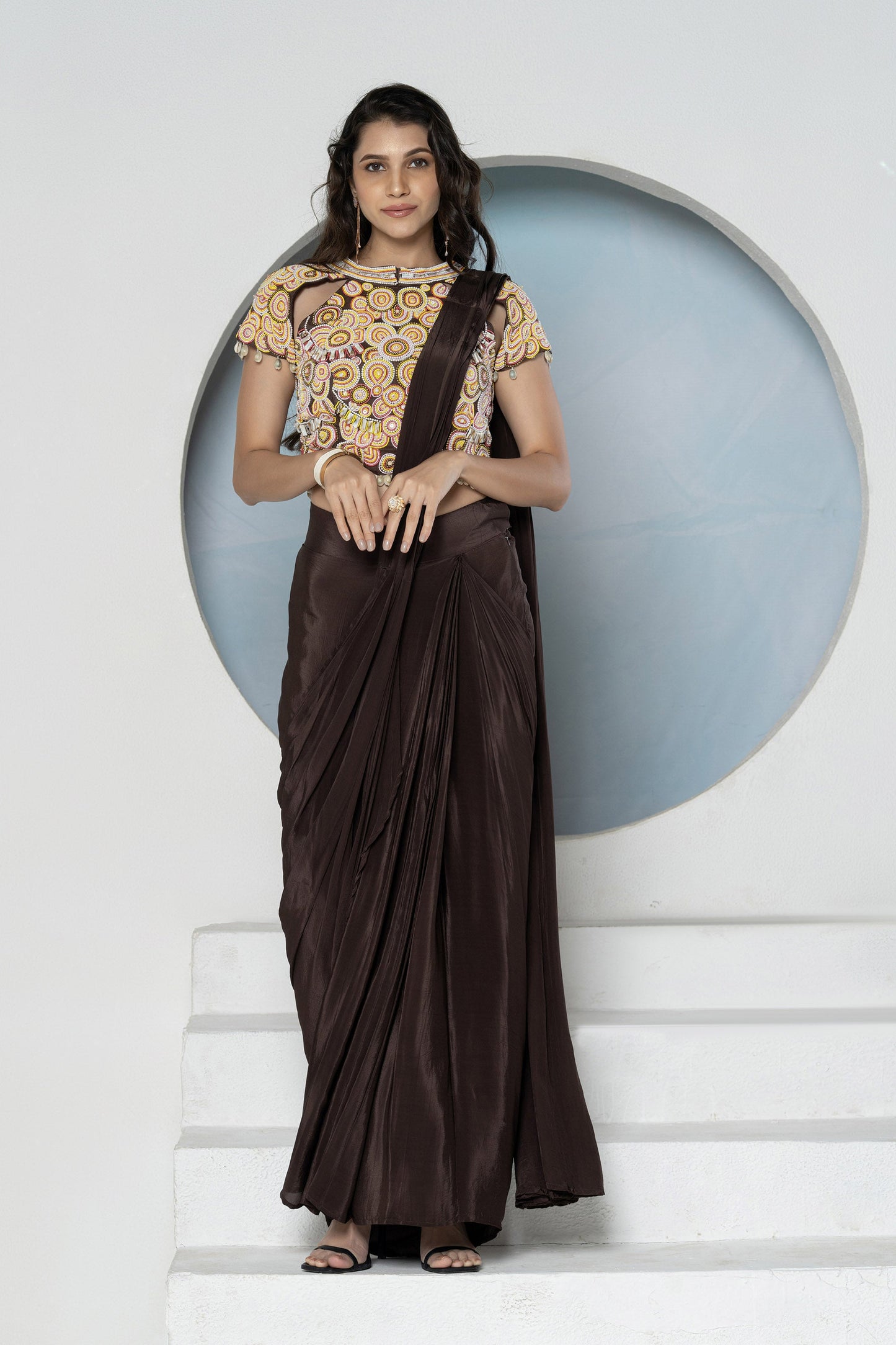 Brown Crepe Peral Shell Saree