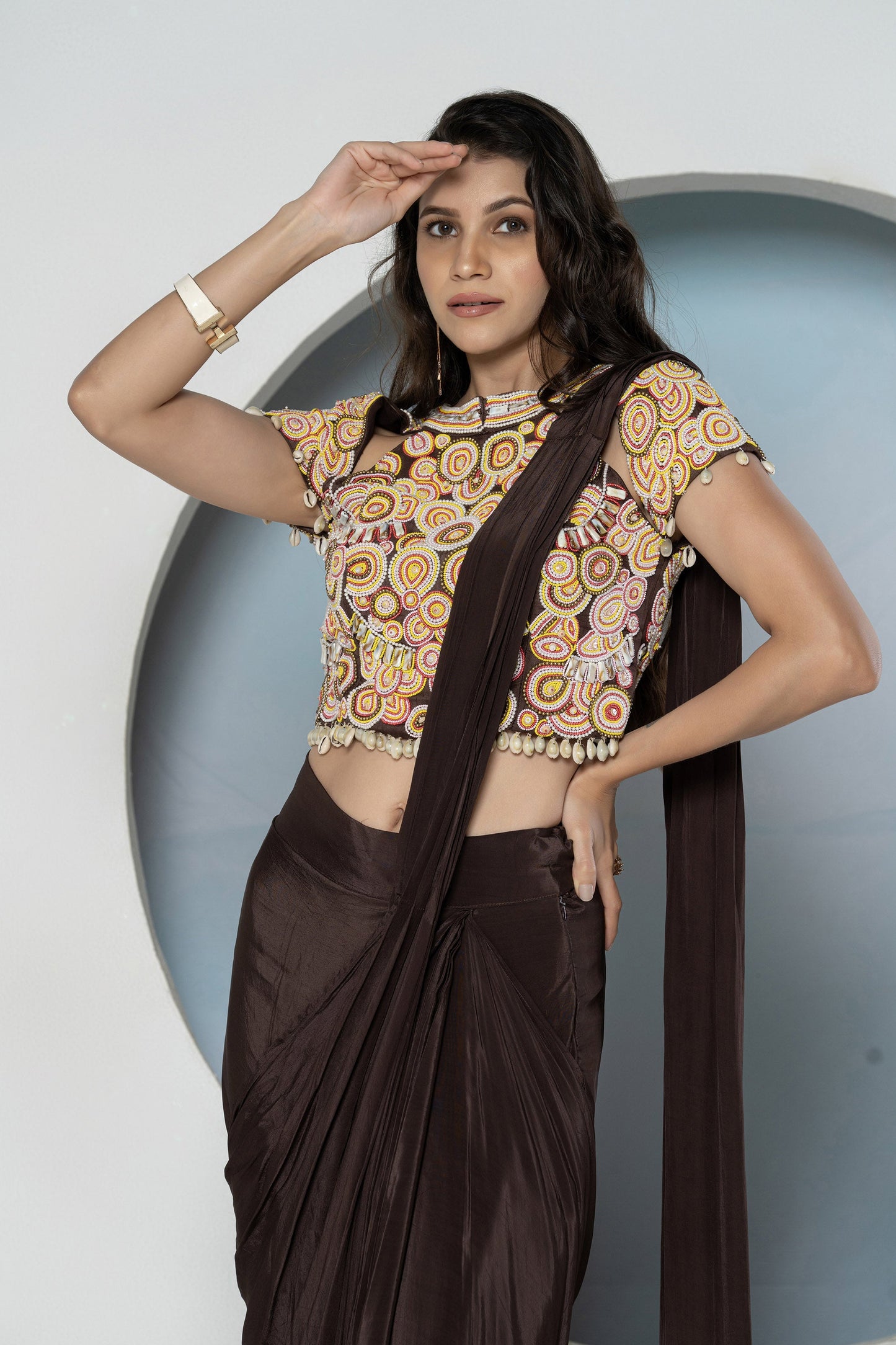 Brown Crepe Peral Shell Saree