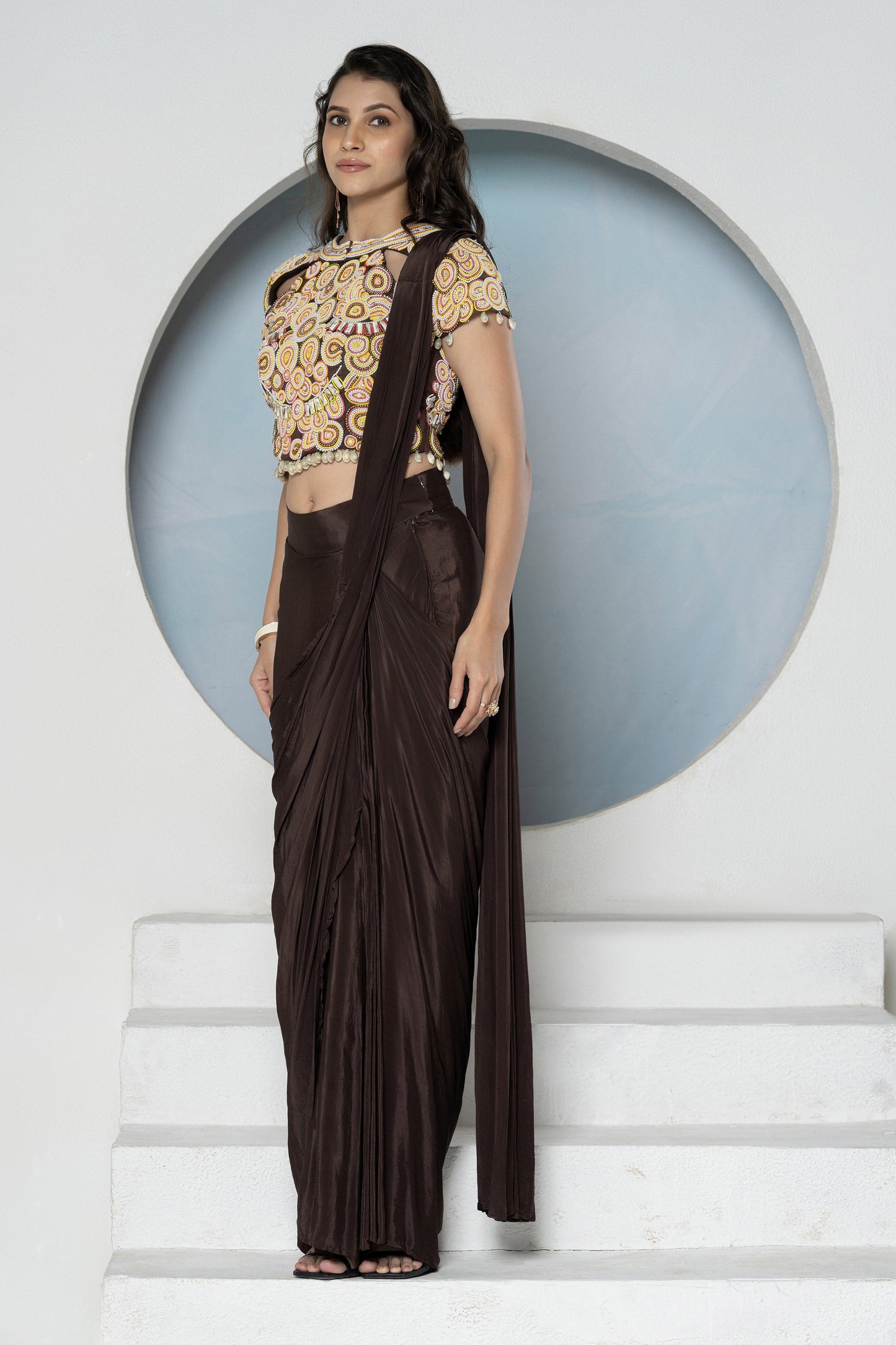 Brown Crepe Peral Shell Saree