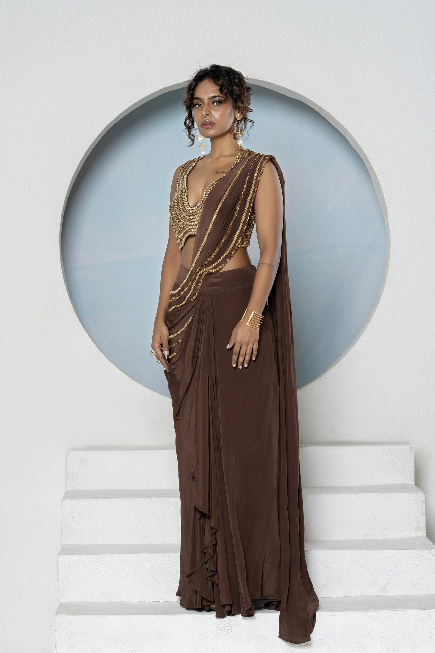Brown Crepe Kundan Cocktail Saree