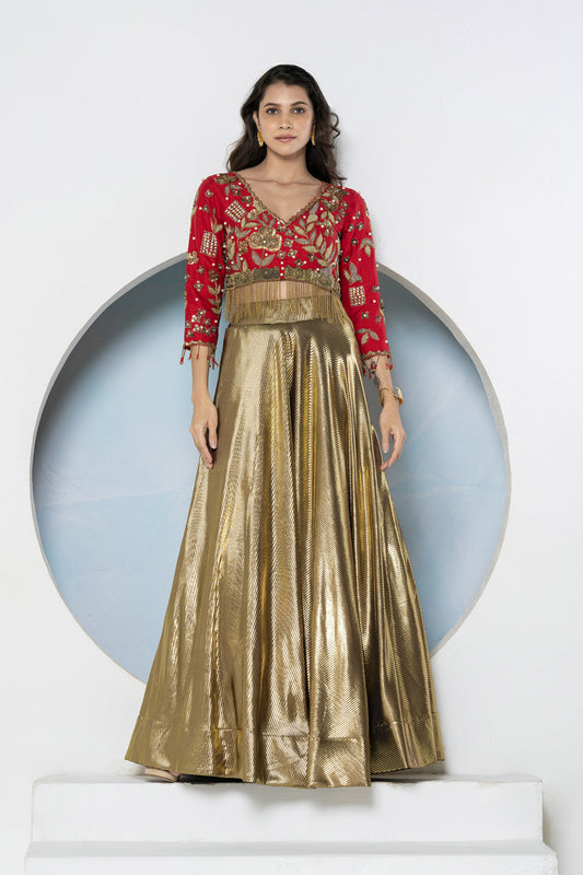 Red & Gold Bling Dola Silk Embellished Lehenga