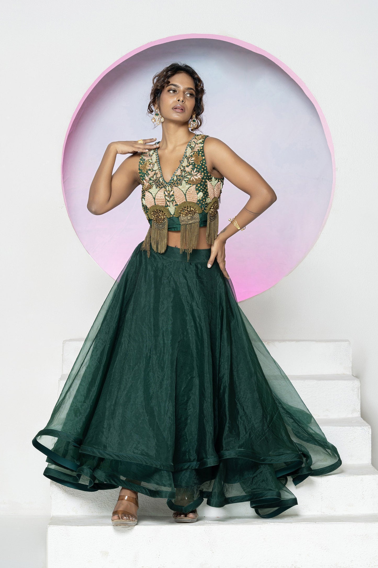 Emerald Green Organza Lehenga Set