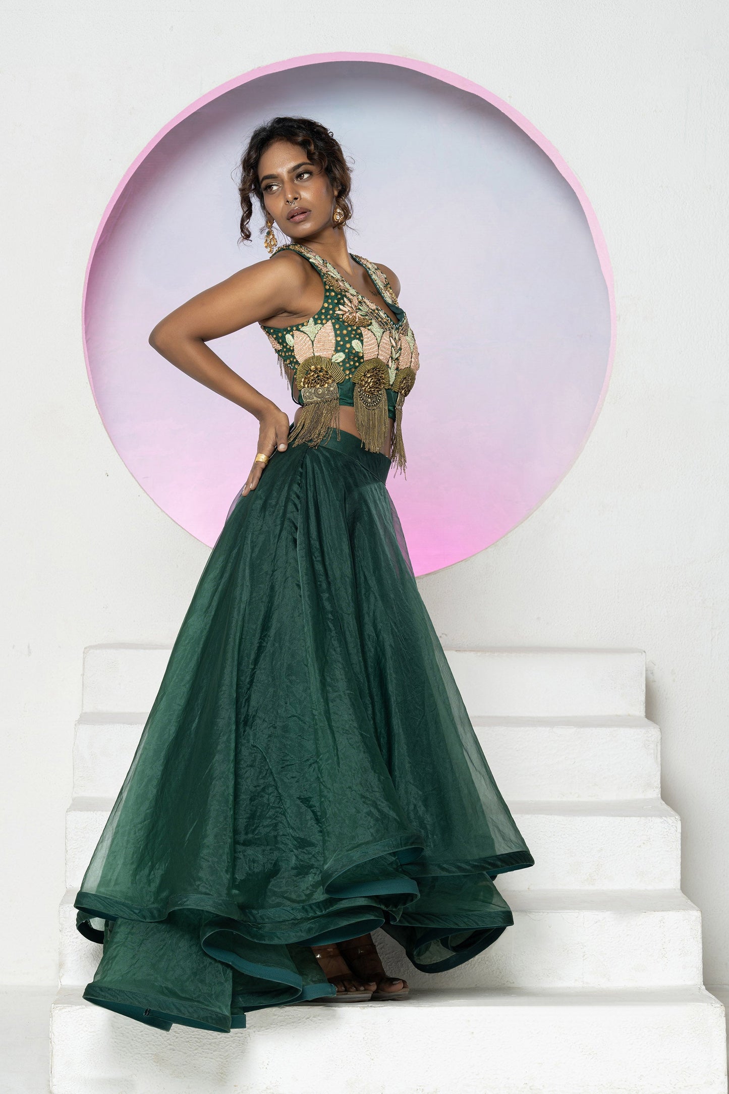 Emerald Green Organza Lehenga Set