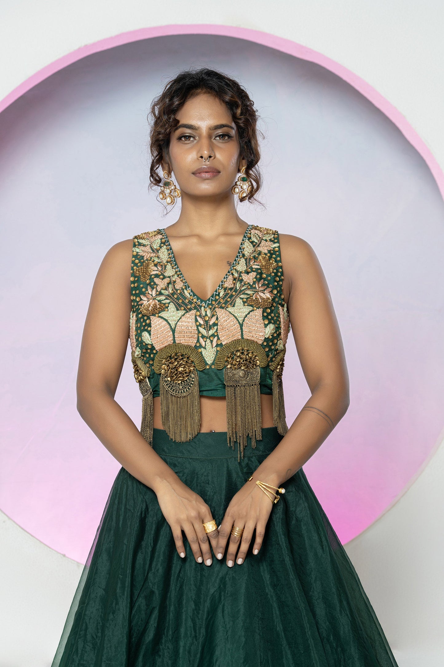 Emerald Green Organza Lehenga Set