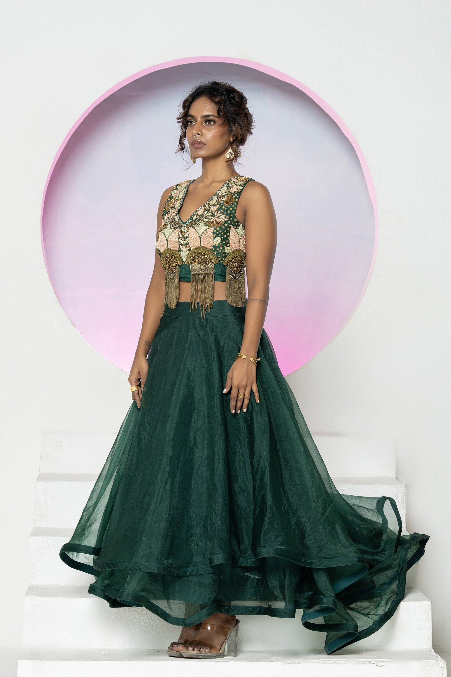 Emerald Green Organza Lehenga Set