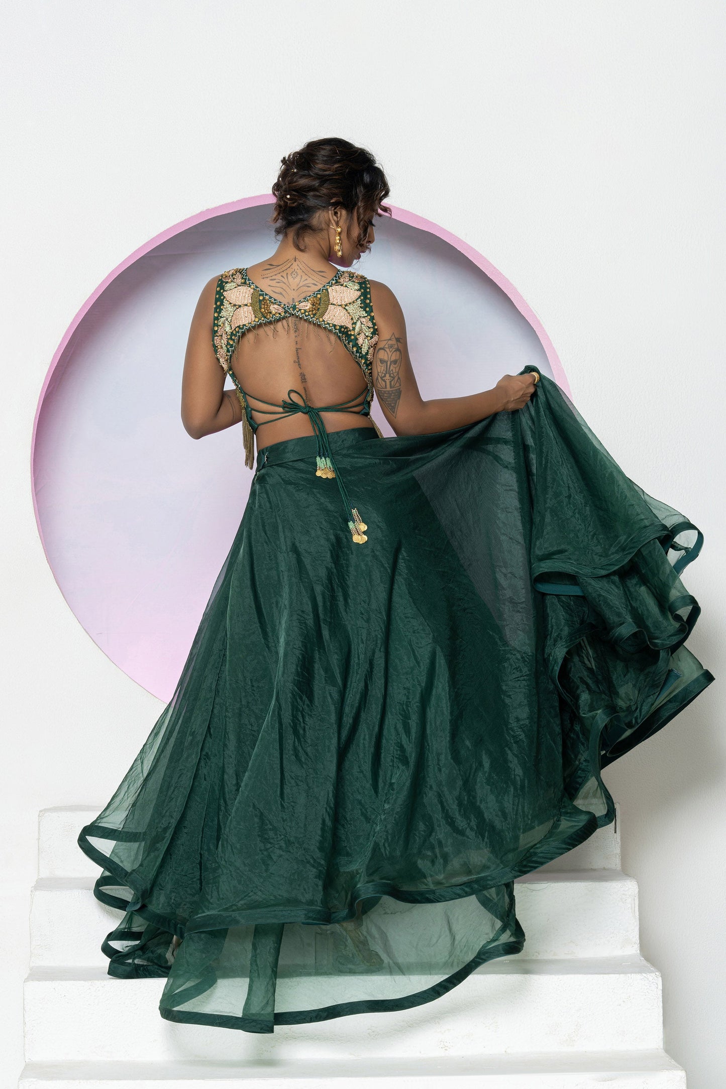Emerald Green Organza Lehenga Set