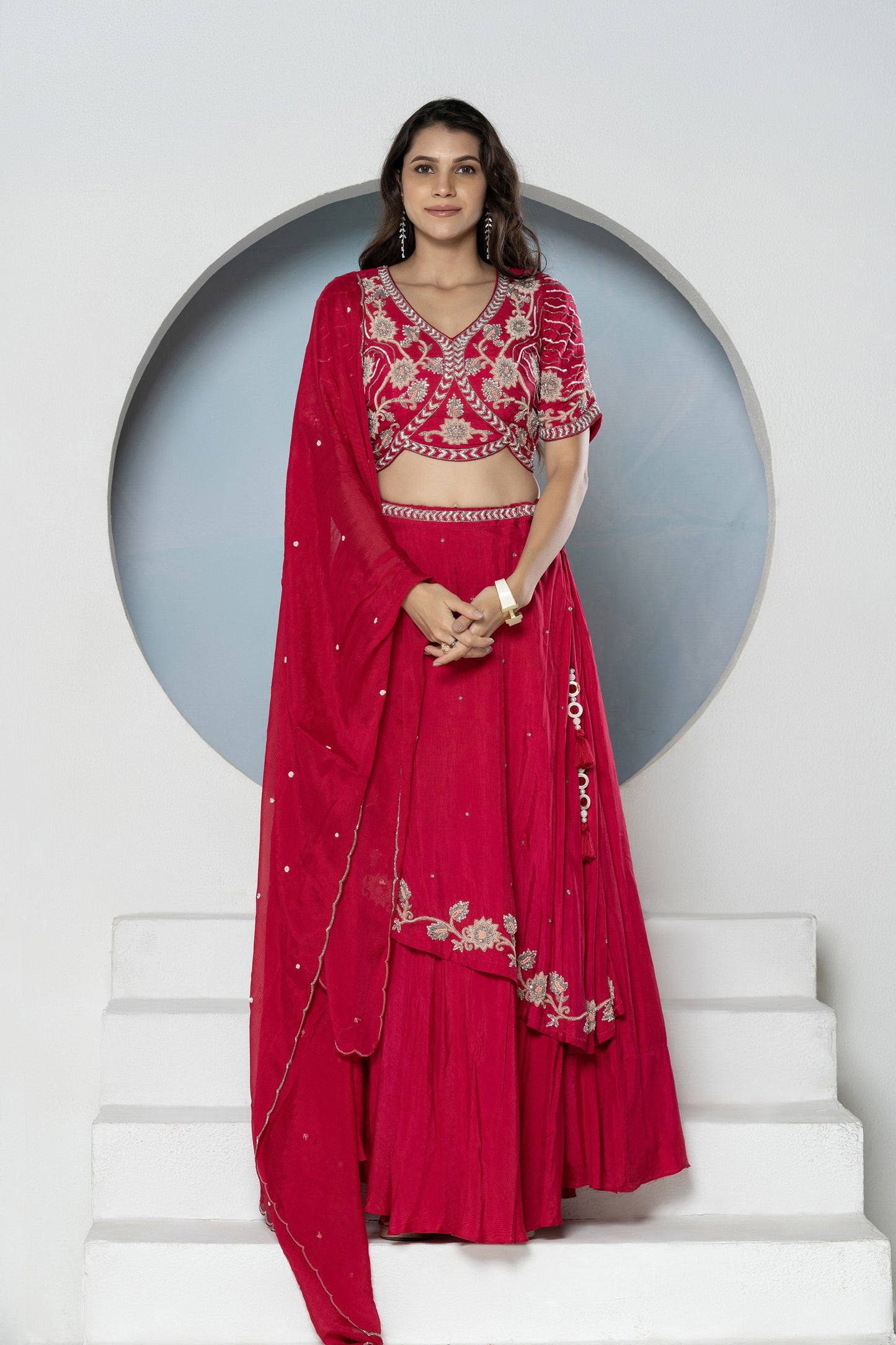Rani Pink Layered Dola Silk Bridesmaid Lehenga Set