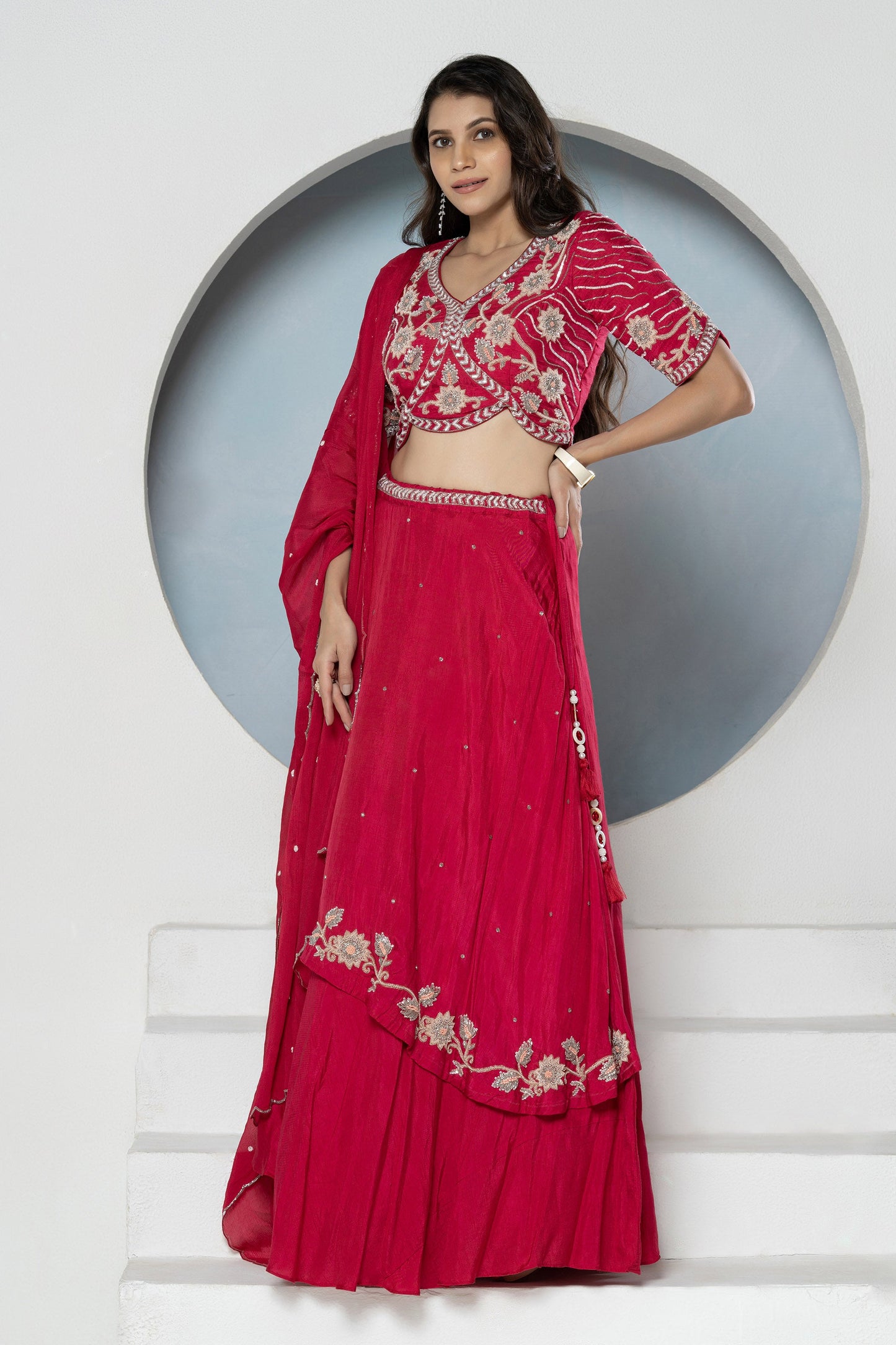 Rani Pink Layered Dola Silk Bridesmaid Lehenga Set
