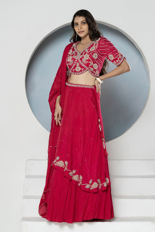 Rani Pink Layered Dola Silk Bridesmaid Lehenga Set