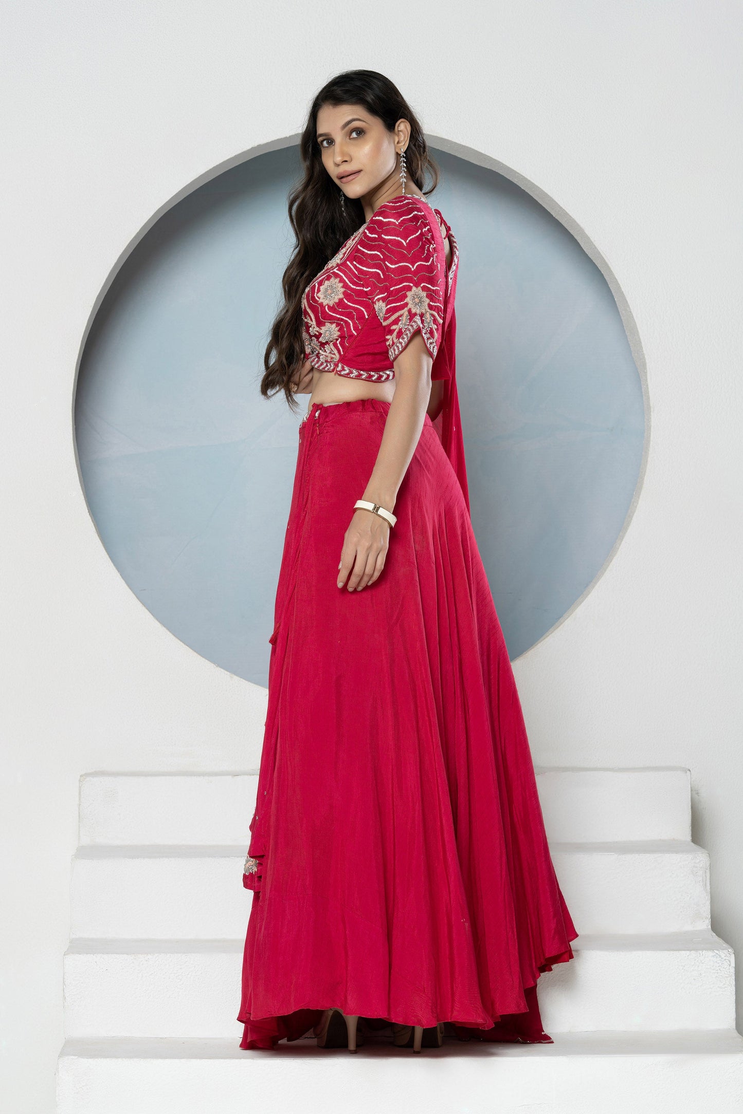 Rani Pink Layered Dola Silk Bridesmaid Lehenga Set