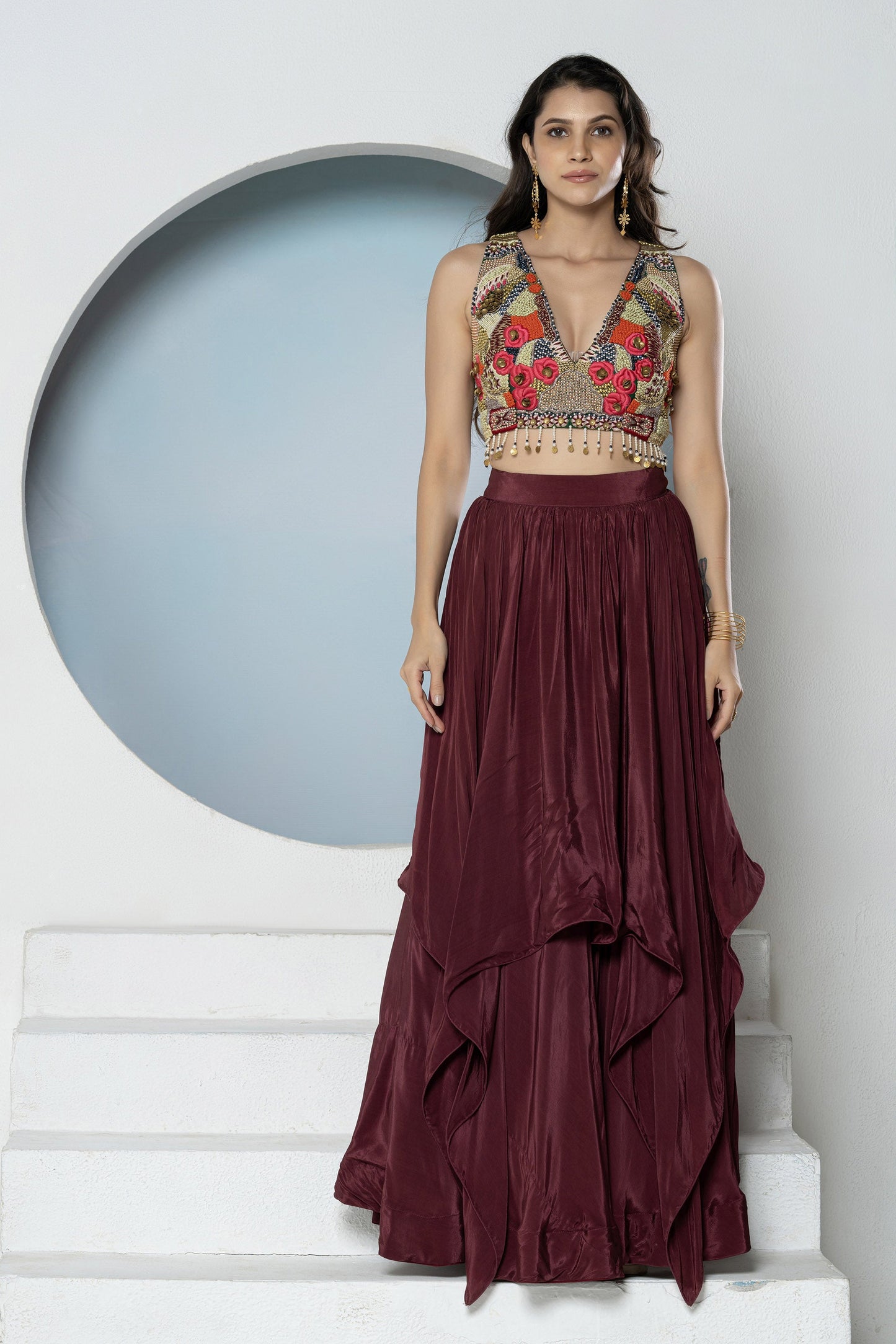 Maroon Embroidered 2Piece Crepe Lehenga Set