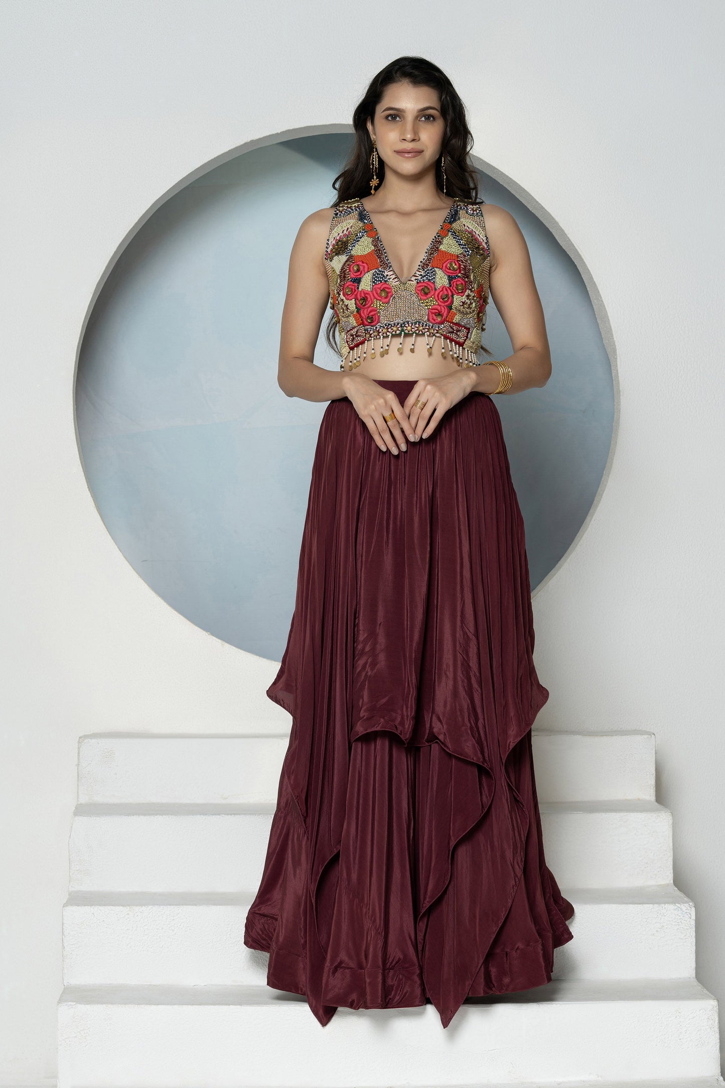 Maroon Embroidered 2Piece Crepe Lehenga Set