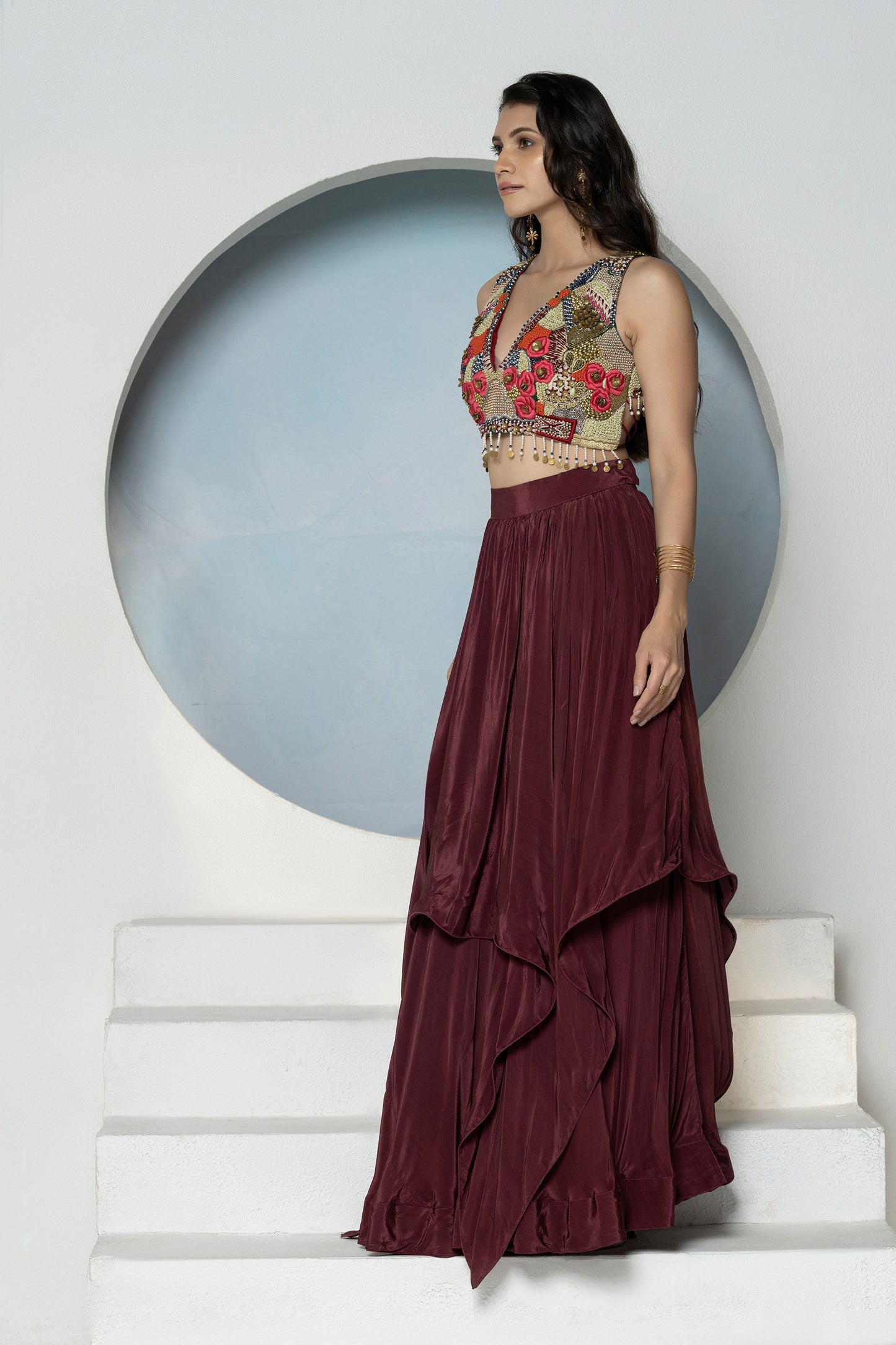Maroon Embroidered 2Piece Crepe Lehenga Set