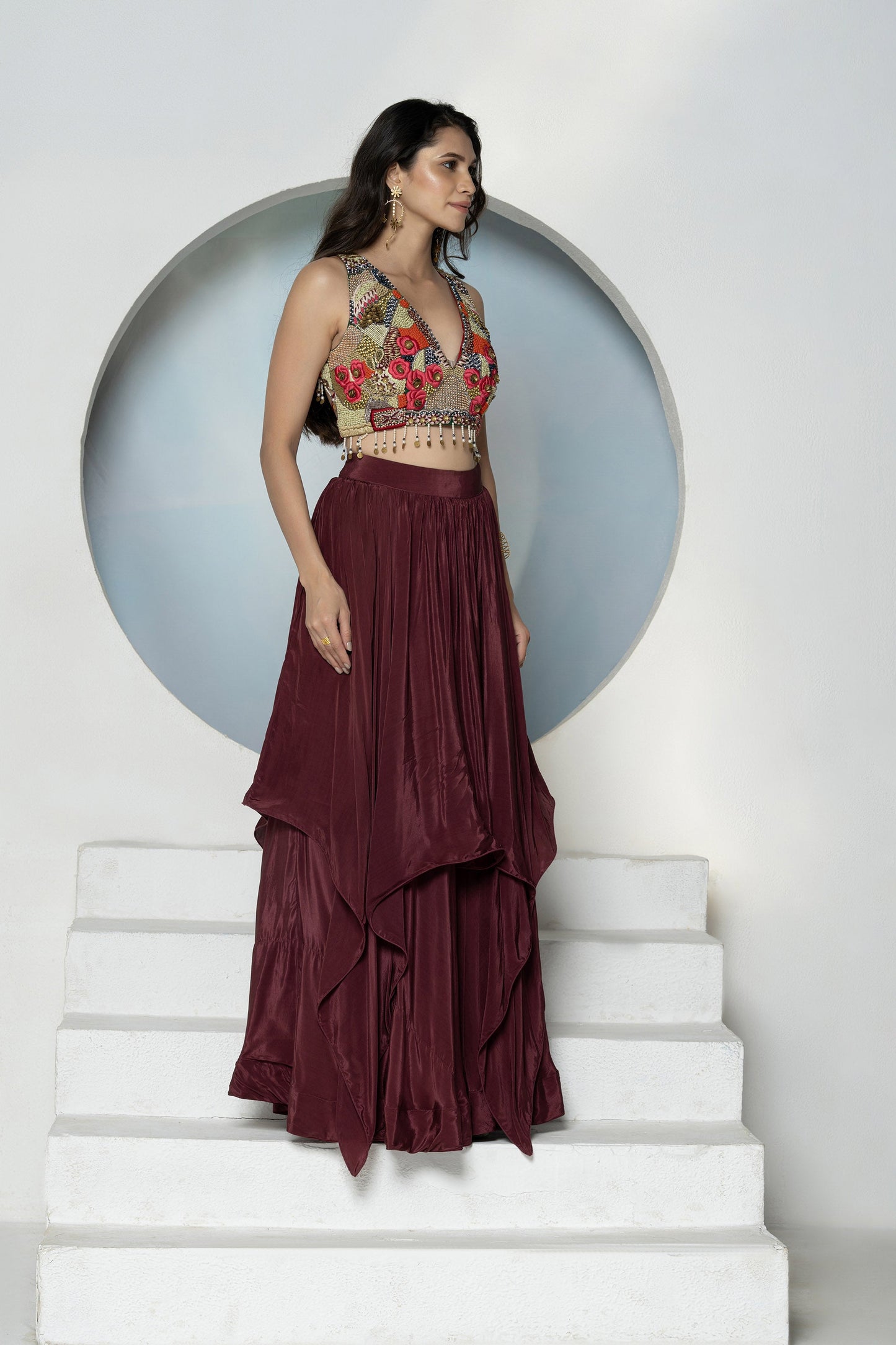 Maroon Embroidered 2Piece Crepe Lehenga Set