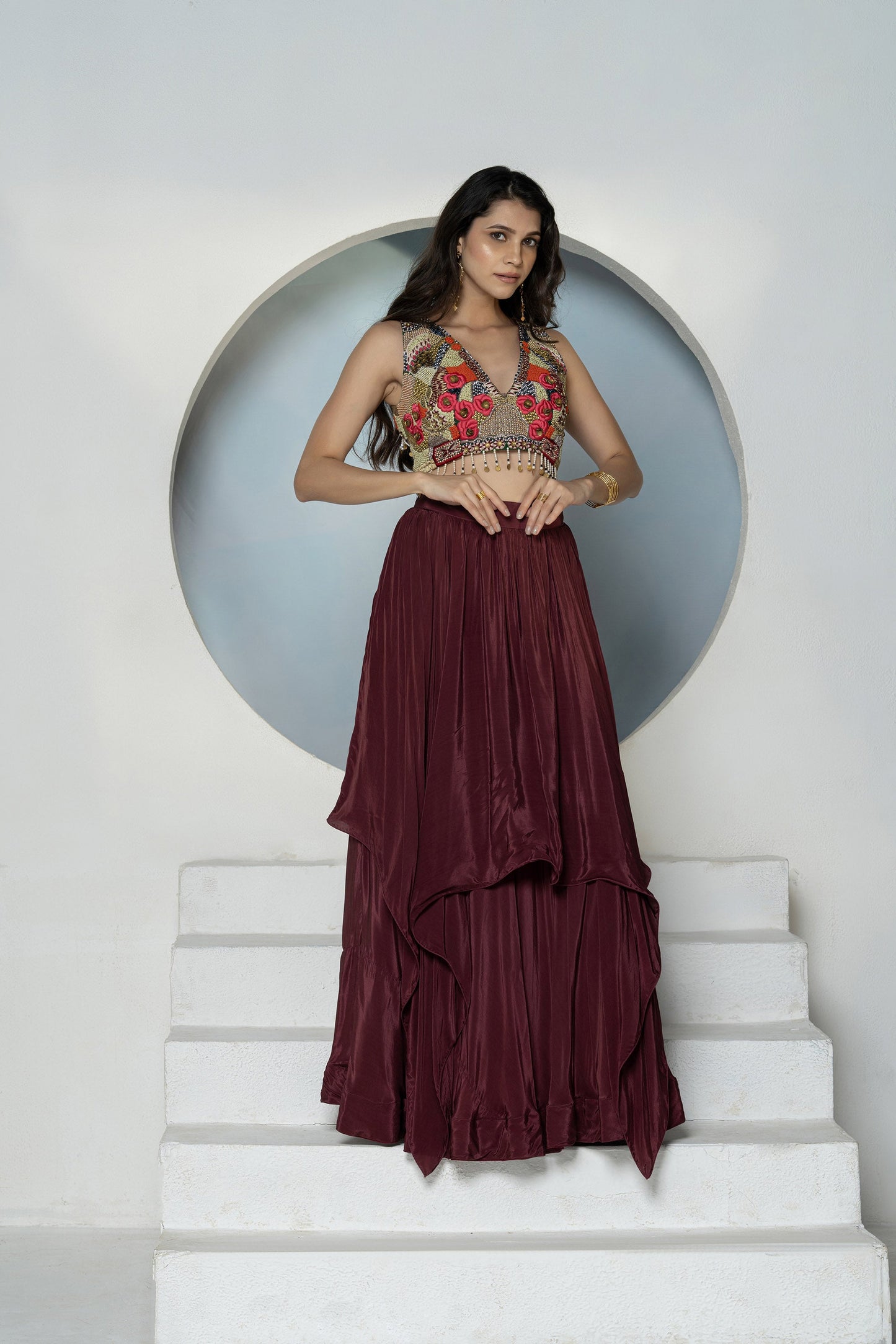 Maroon Embroidered 2Piece Crepe Lehenga Set