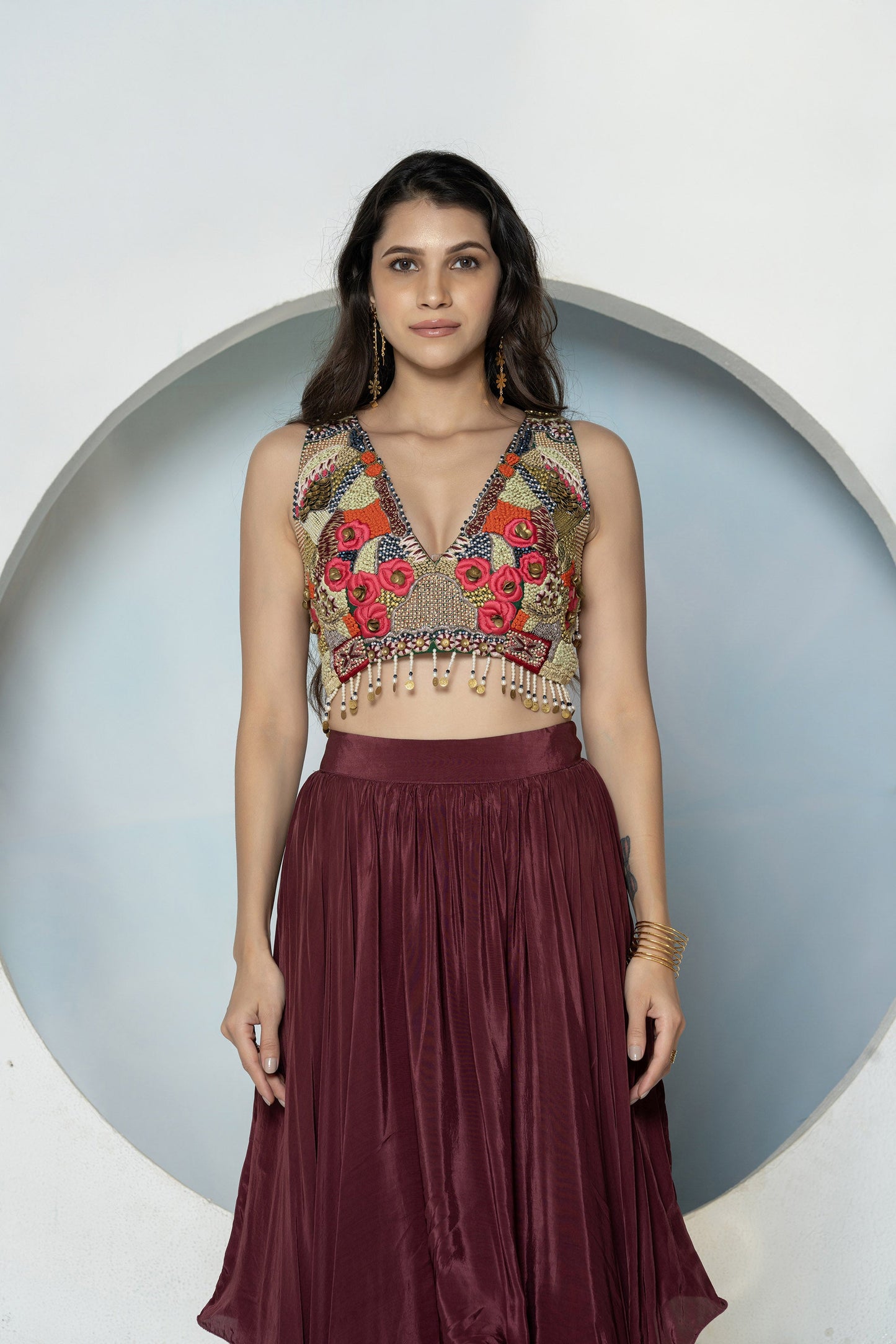 Maroon Embroidered 2Piece Crepe Lehenga Set