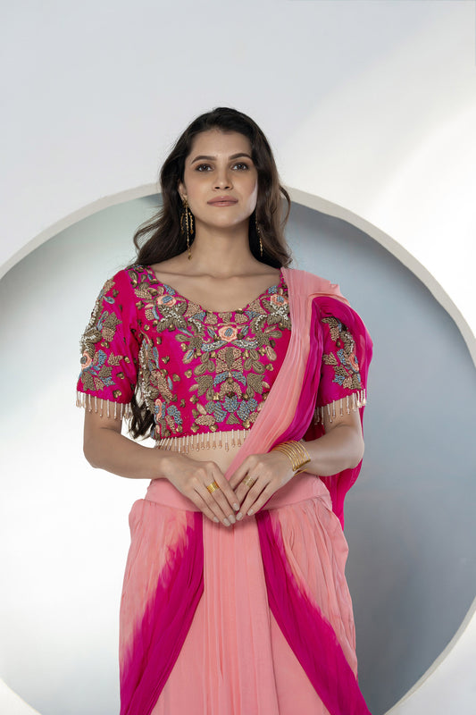 Ombré Drape Viscose Fuschia Pink Lehenga Set