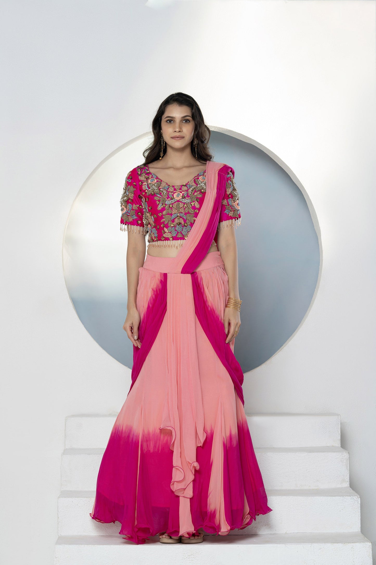 Ombré Drape Viscose Fuschia Pink Lehenga Set