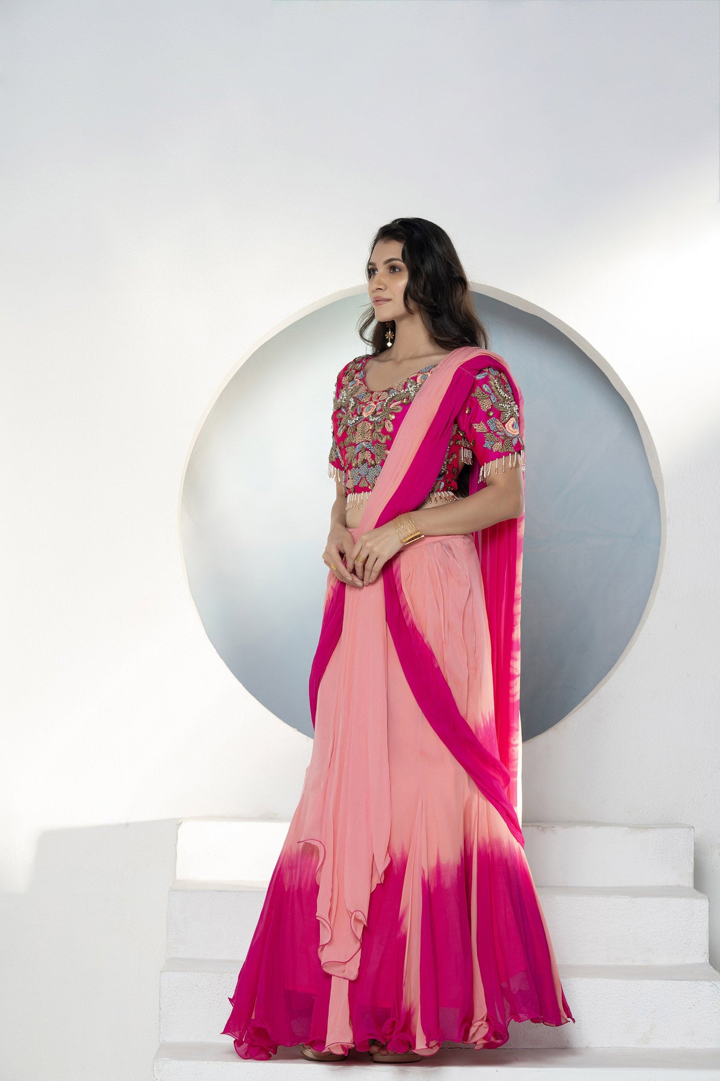 Ombré Drape Viscose Fuschia Pink Lehenga Set