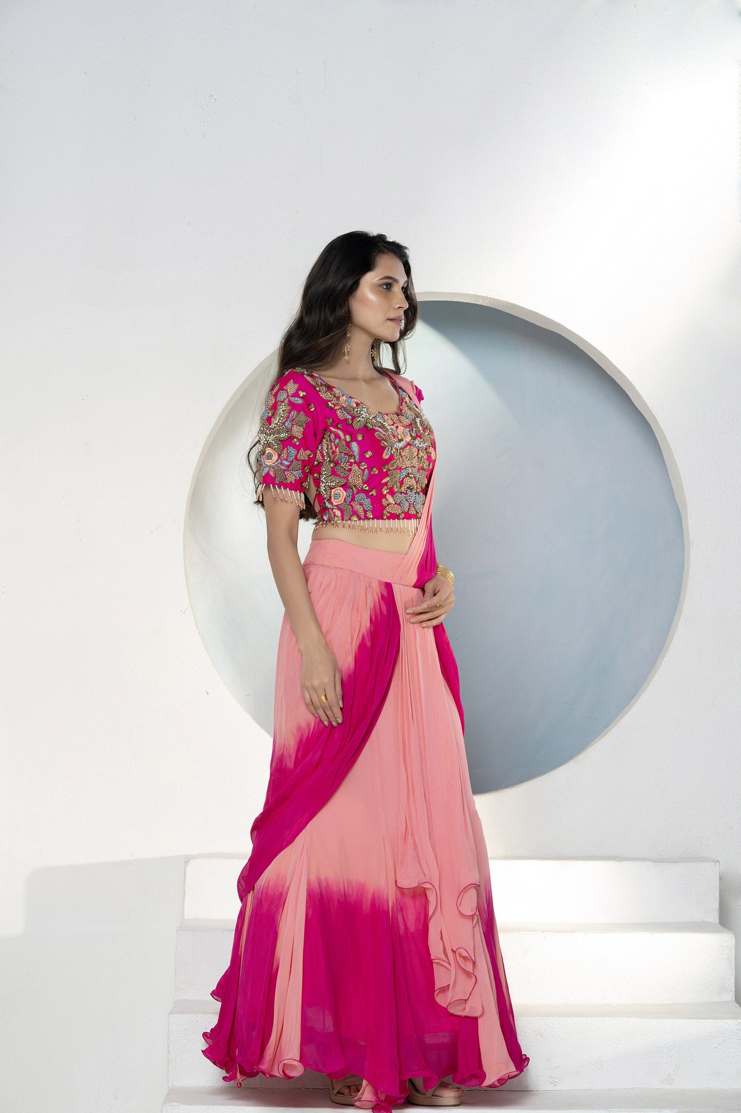 Ombré Drape Viscose Fuschia Pink Lehenga Set