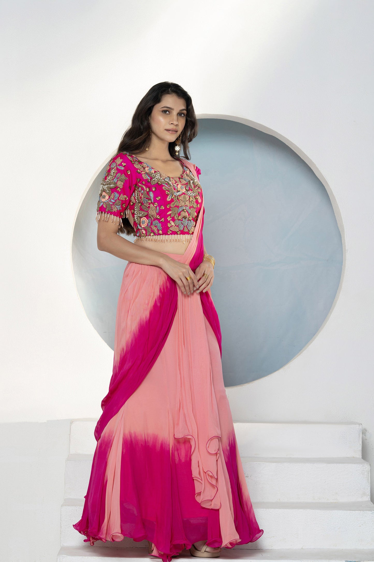 Ombré Drape Viscose Fuschia Pink Lehenga Set