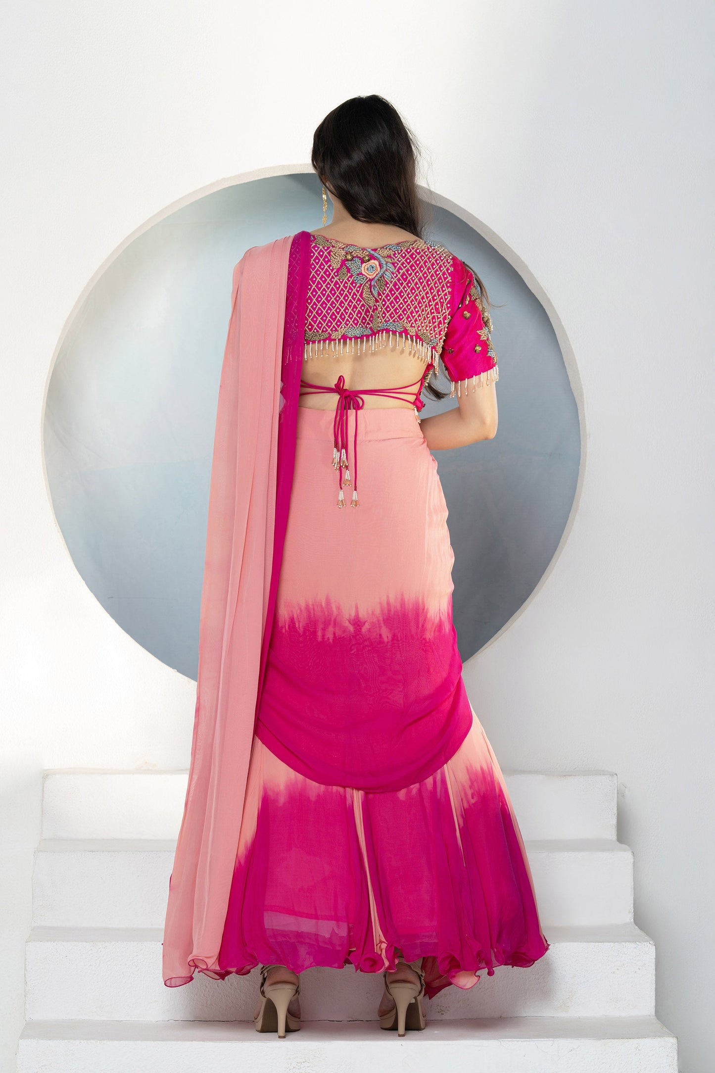 Ombré Drape Viscose Fuschia Pink Lehenga Set