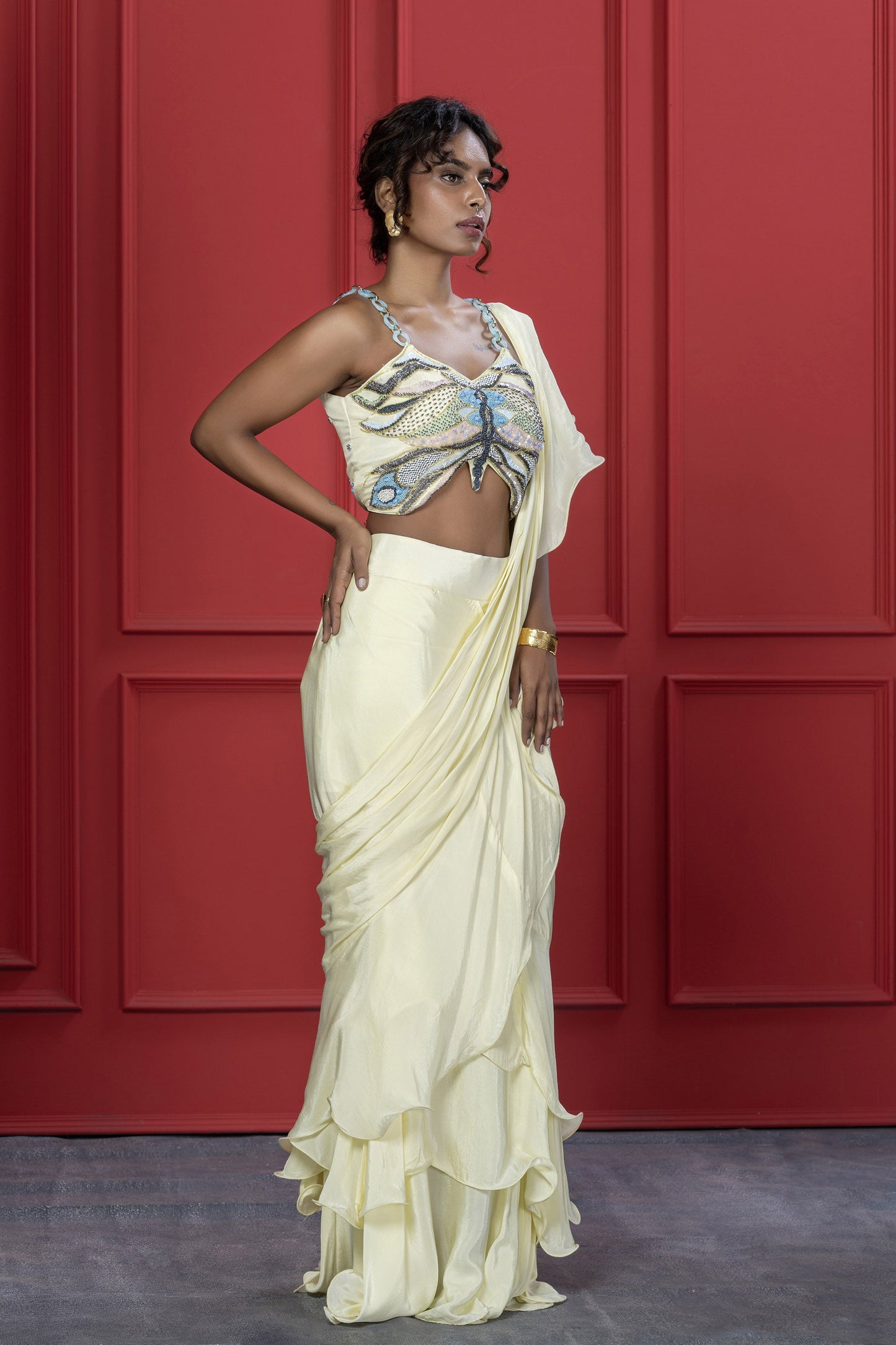 Yellow Crepe Butterfly motif Saree