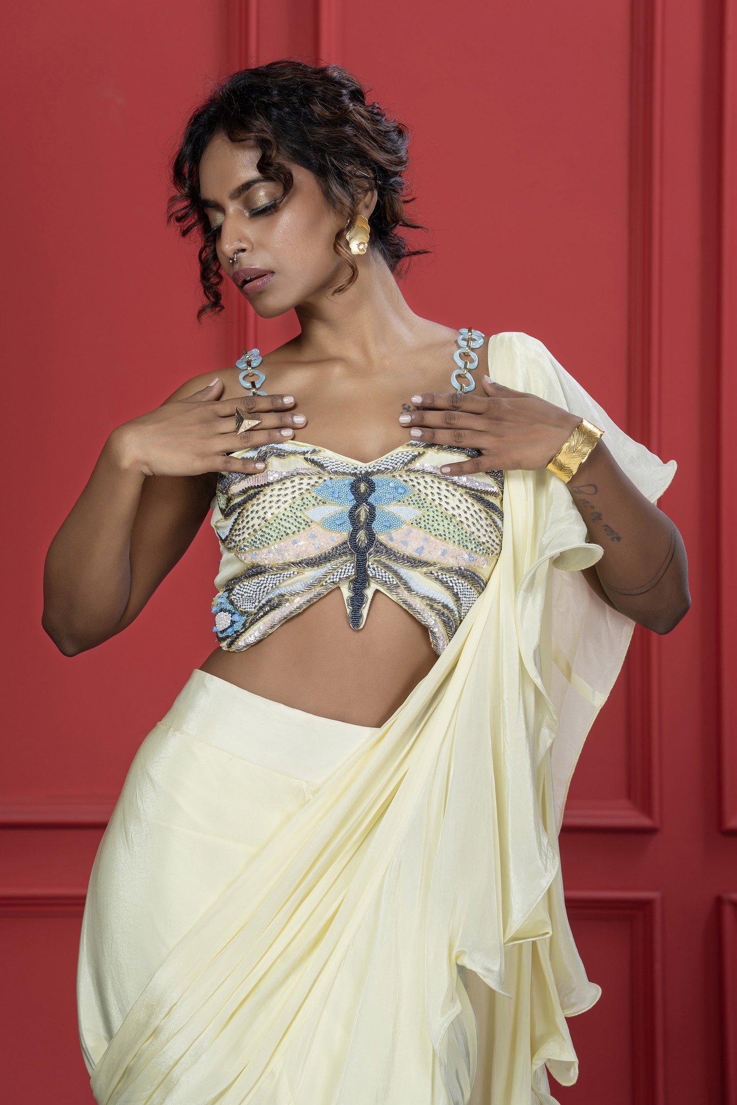 Yellow Crepe Butterfly motif Saree