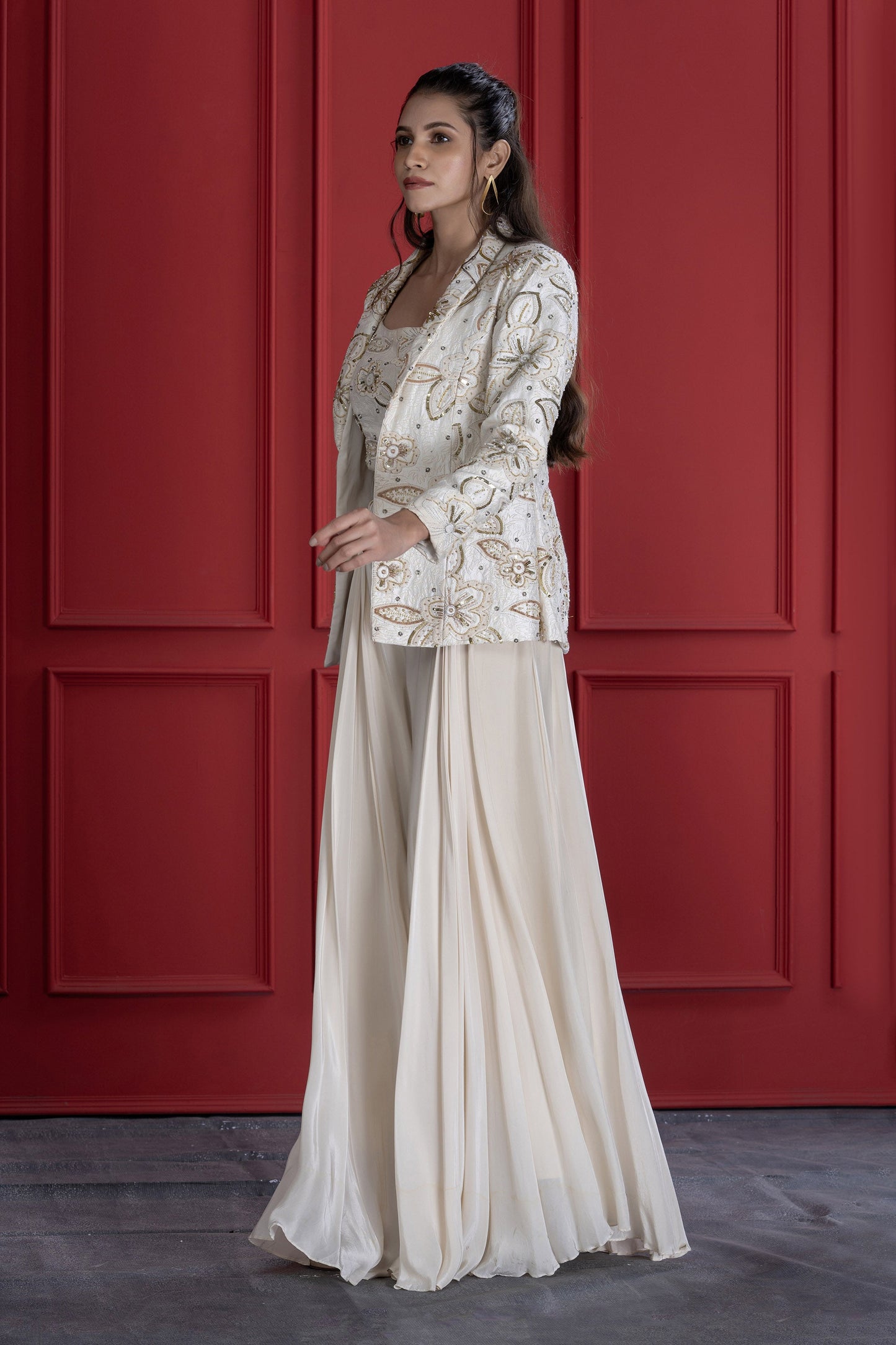 Off white Crepe Textured Embroidered Blazer Set