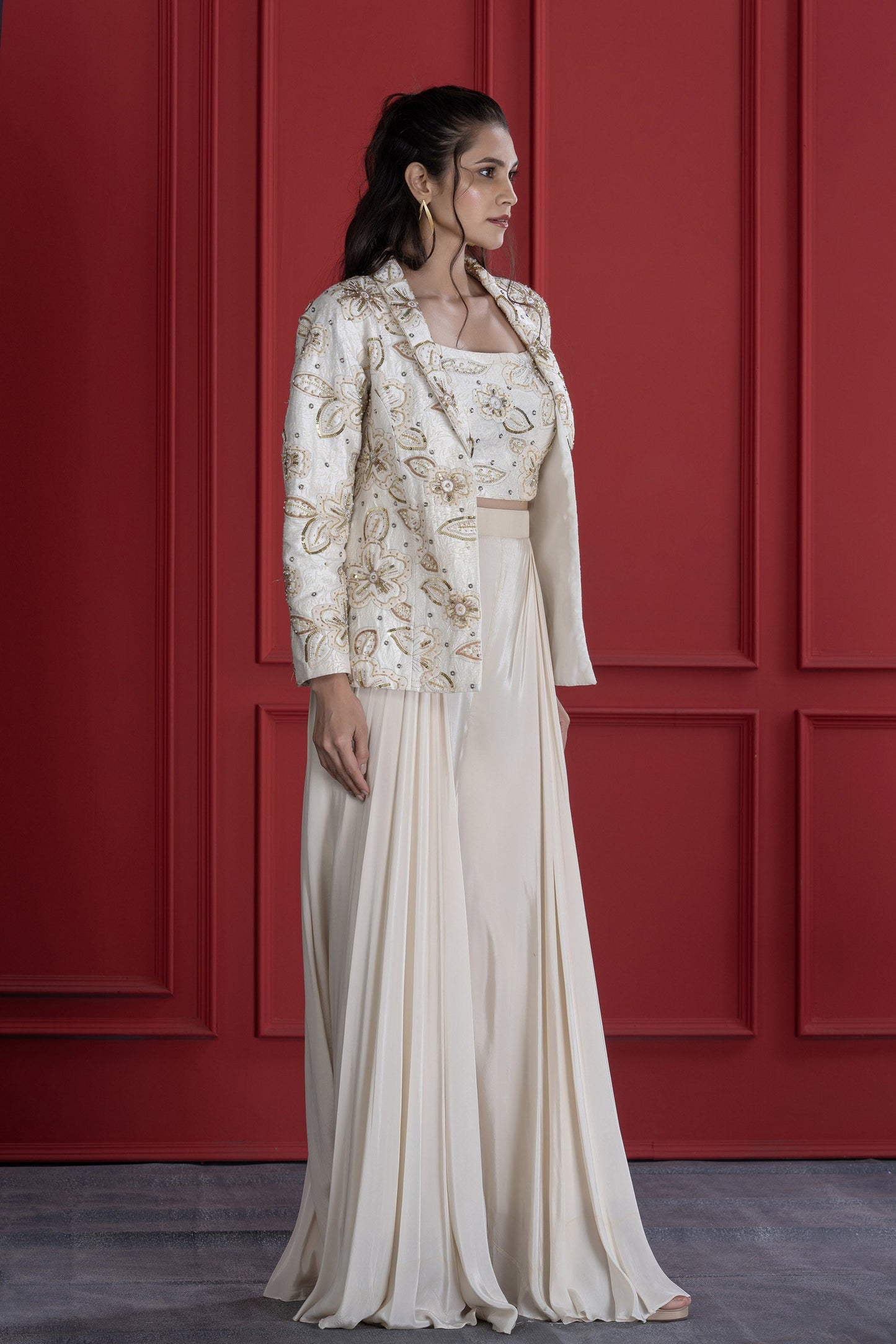 Off white Crepe Textured Embroidered Blazer Set