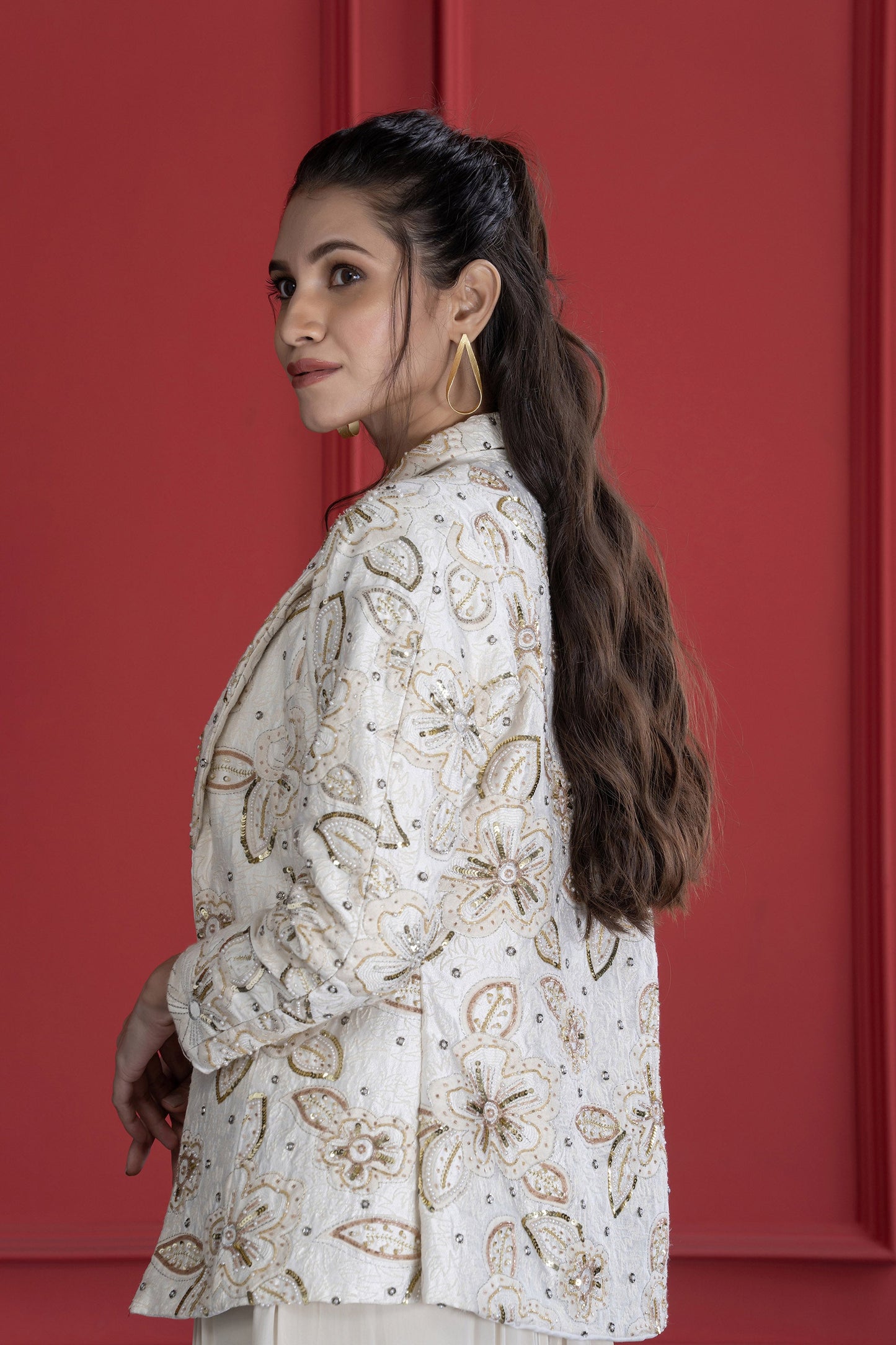 Off white Crepe Textured Embroidered Blazer Set