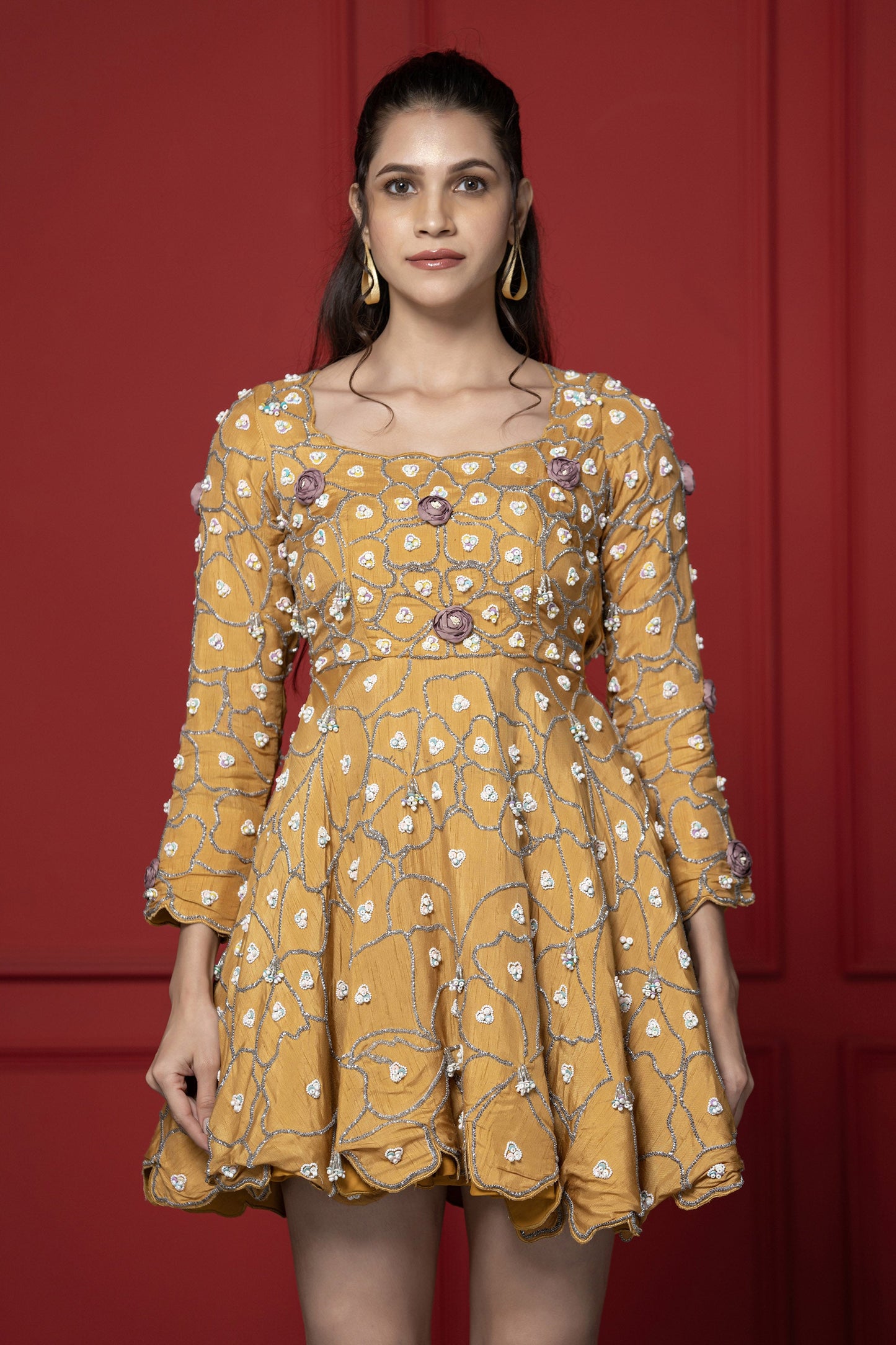 Mustard Dola Silk Embroidered Frock