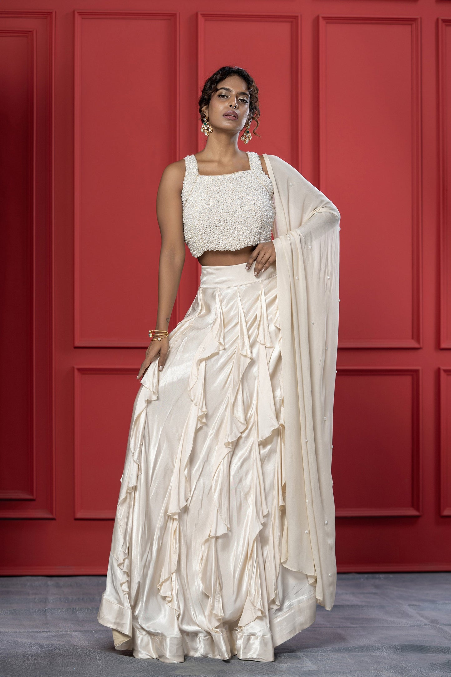 Ivory Ruffle Gaji Silk Pearl Lehenga
