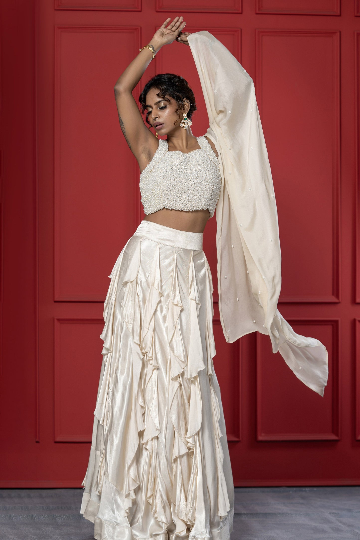 Ivory Ruffle Gaji Silk Pearl Lehenga