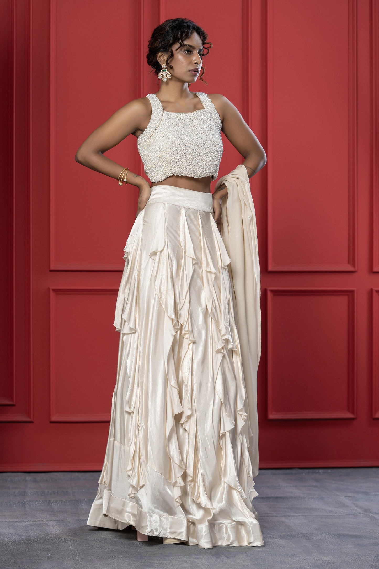 Ivory Ruffle Gaji Silk Pearl Lehenga
